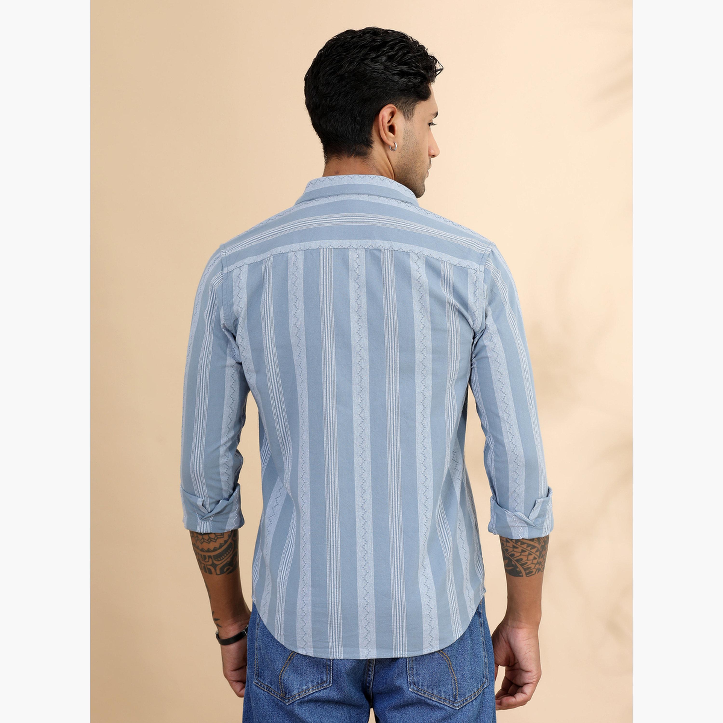 بوشيرت - قميص رجالي مخطط لون أزرق بياقة واسعة-men-clothing-shirts-image-4