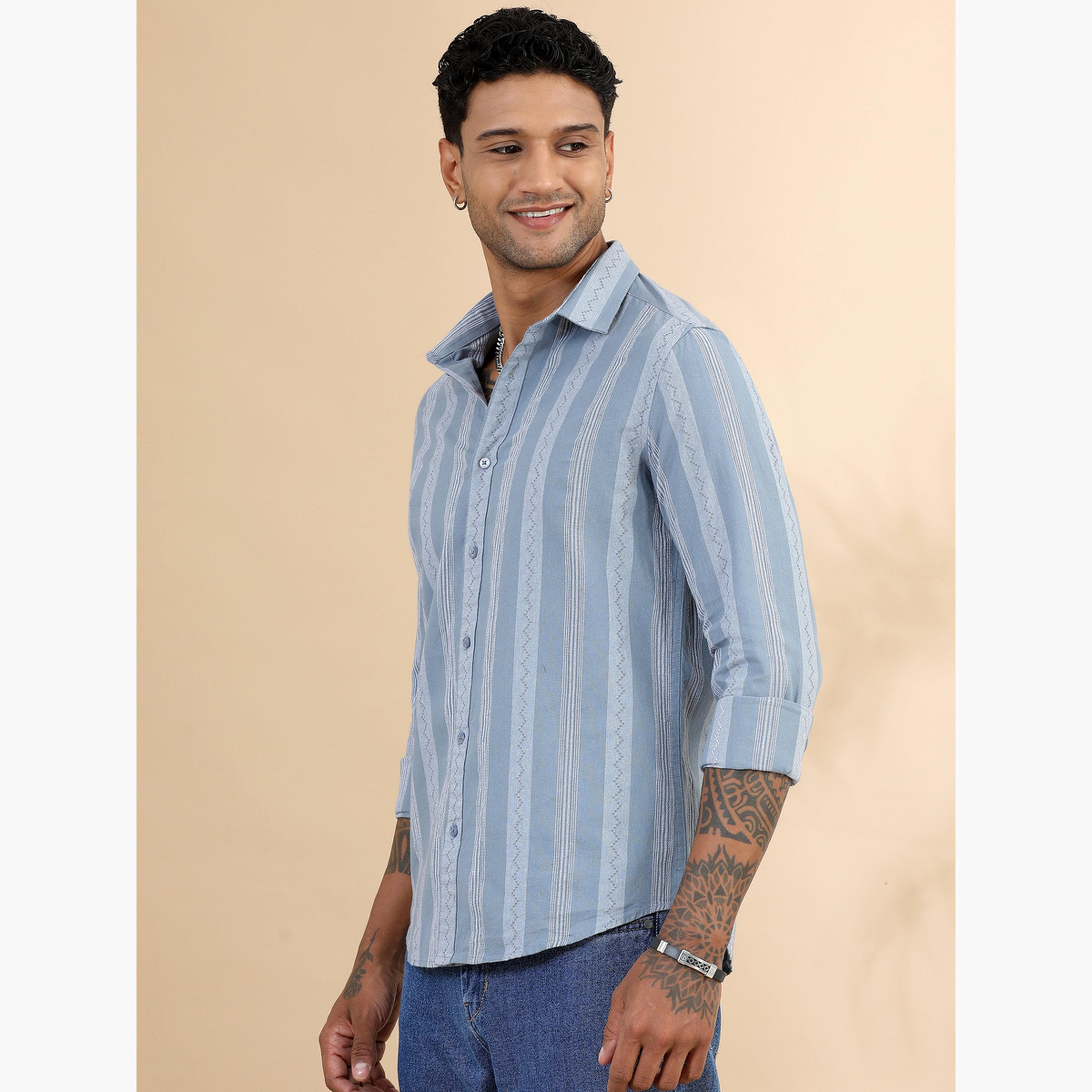 Bushirt Men Blue Striped Spread Collar Shirt-men-clothing-shirts-image-5