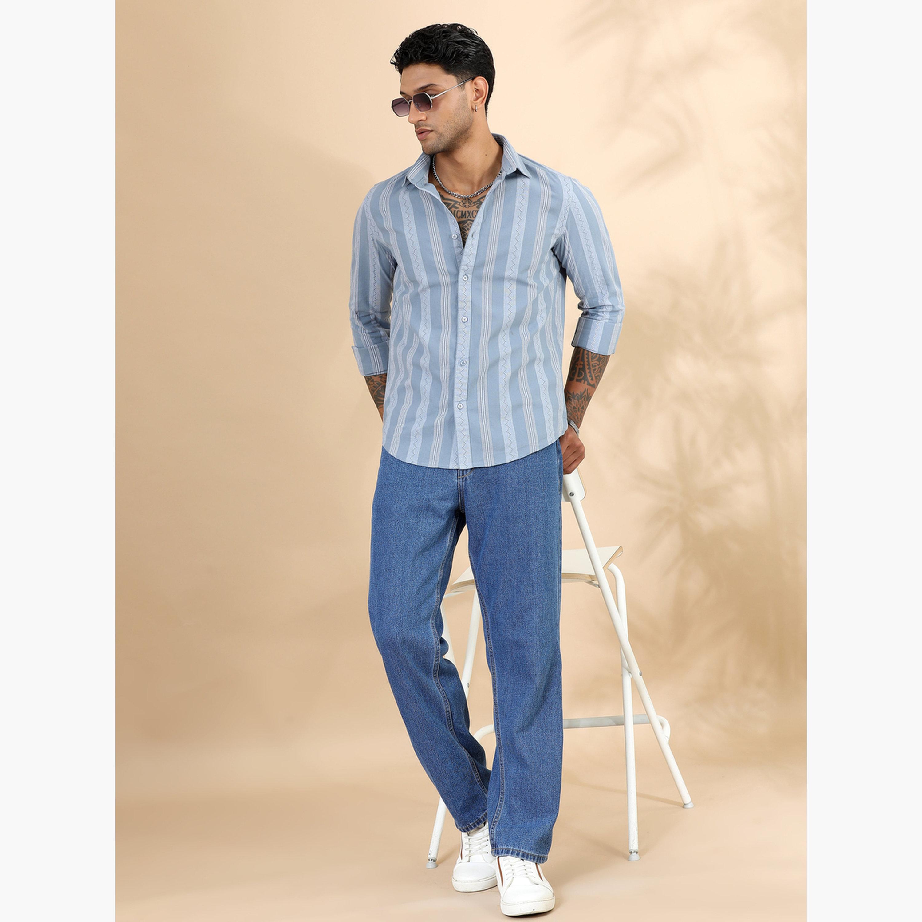 Bushirt Men Blue Striped Spread Collar Shirt-men-clothing-shirts-image-6