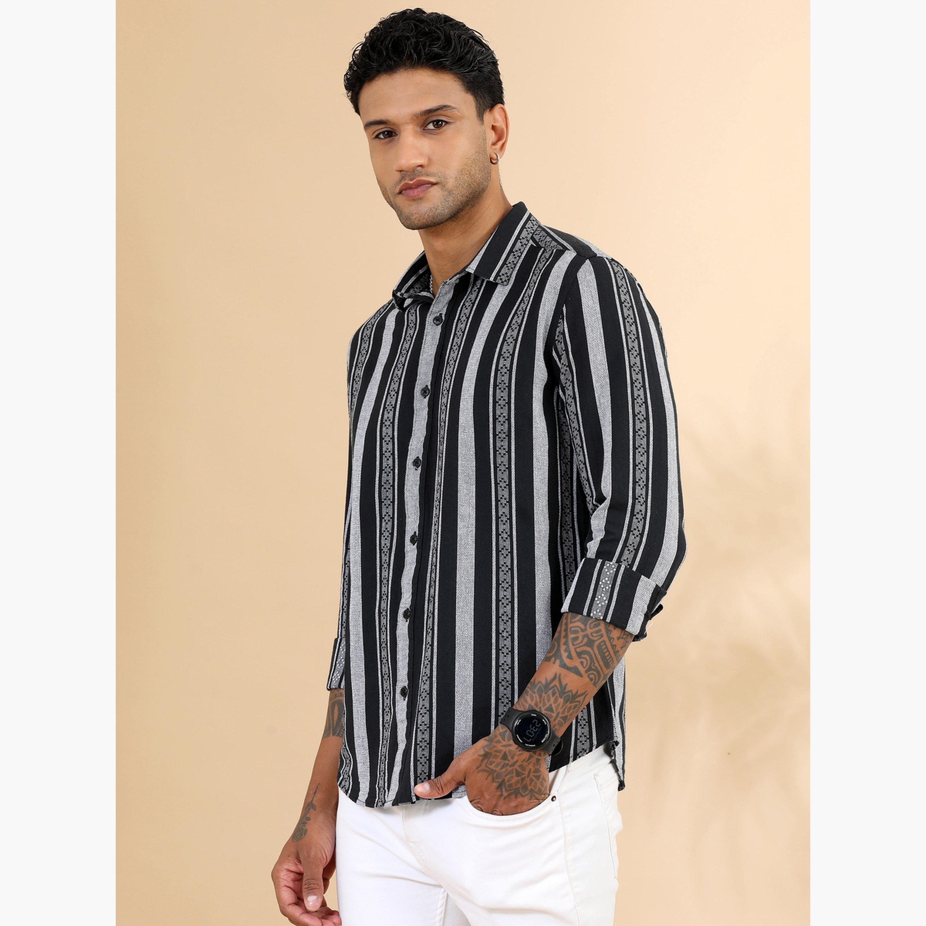 Bushirt Men Black Striped Spread Collar Shirt-men-clothing-shirts-image-1