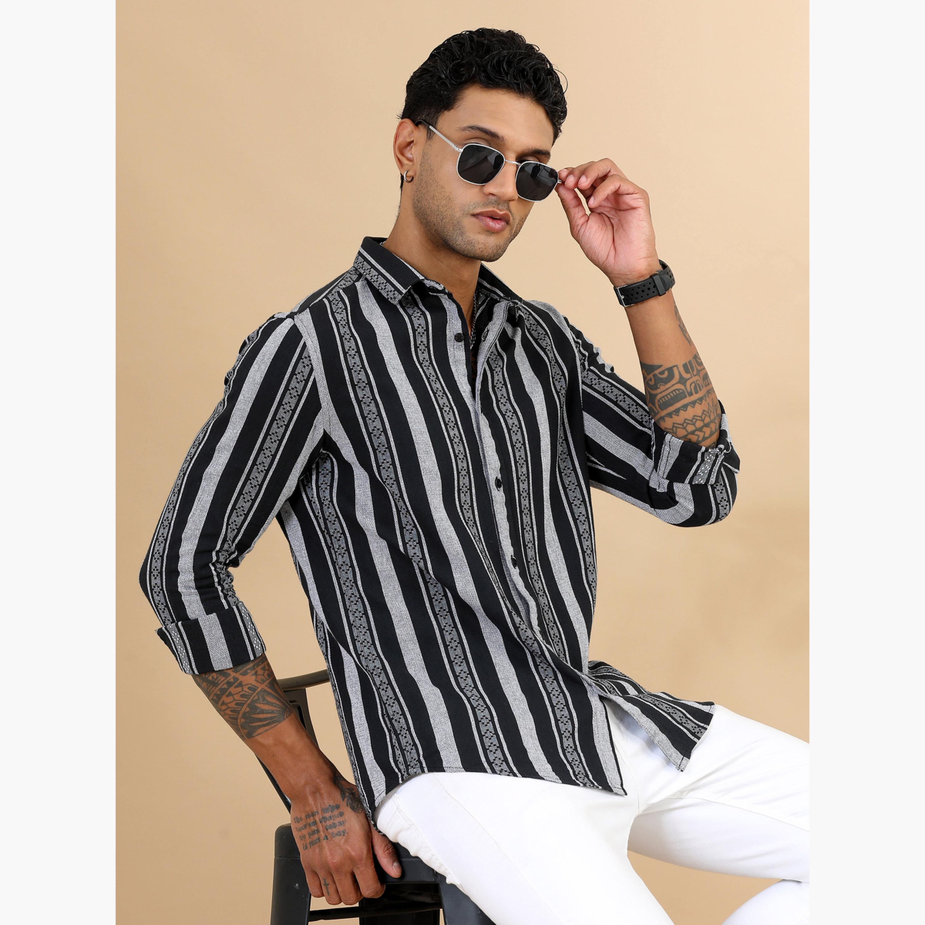 Bushirt Men Black Striped Spread Collar Shirt-men-clothing-shirts-image-2