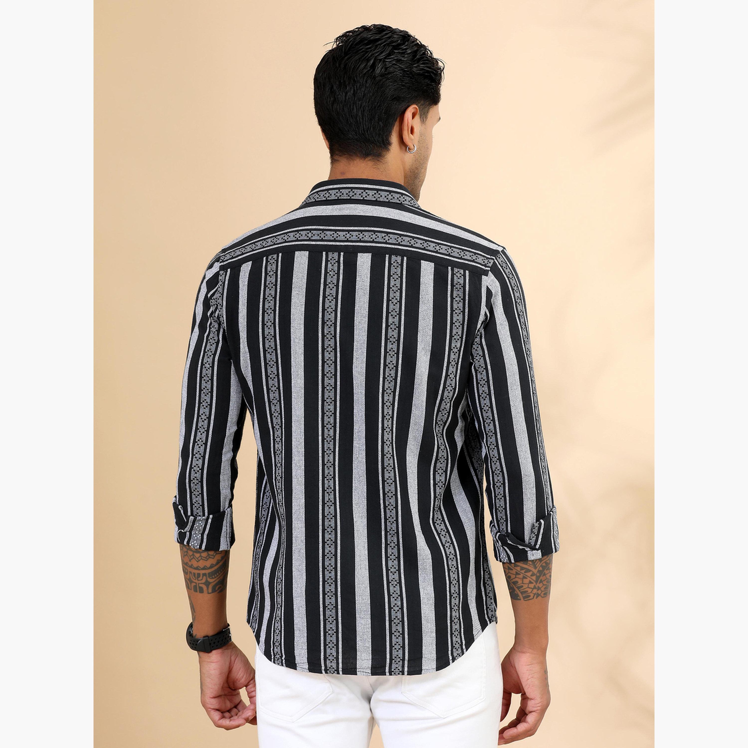 بوشيرت - قميص رجالي أسود مخطط بياقة واسعة-men-clothing-shirts-image-3