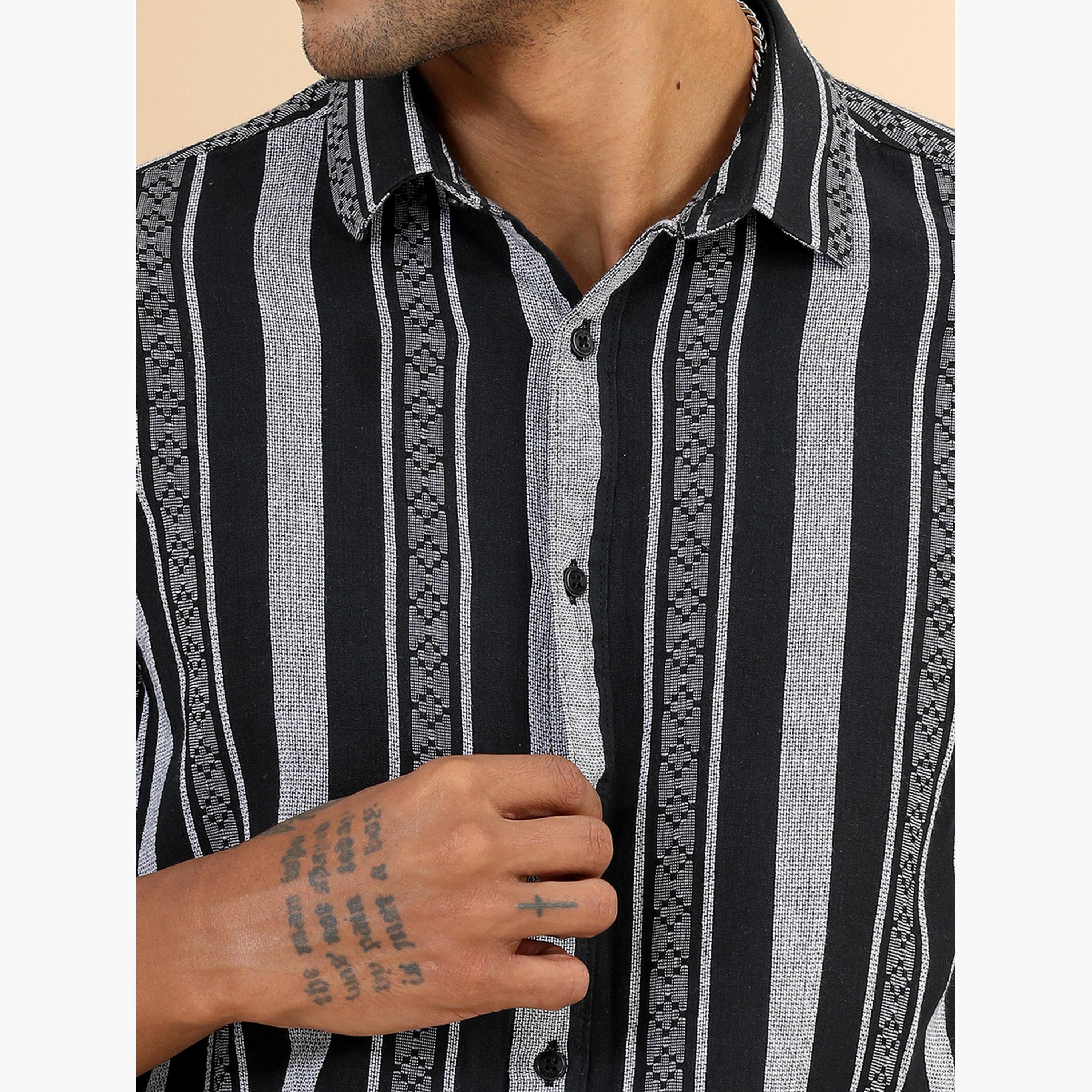 بوشيرت - قميص رجالي أسود مخطط بياقة واسعة-men-clothing-shirts-image-4