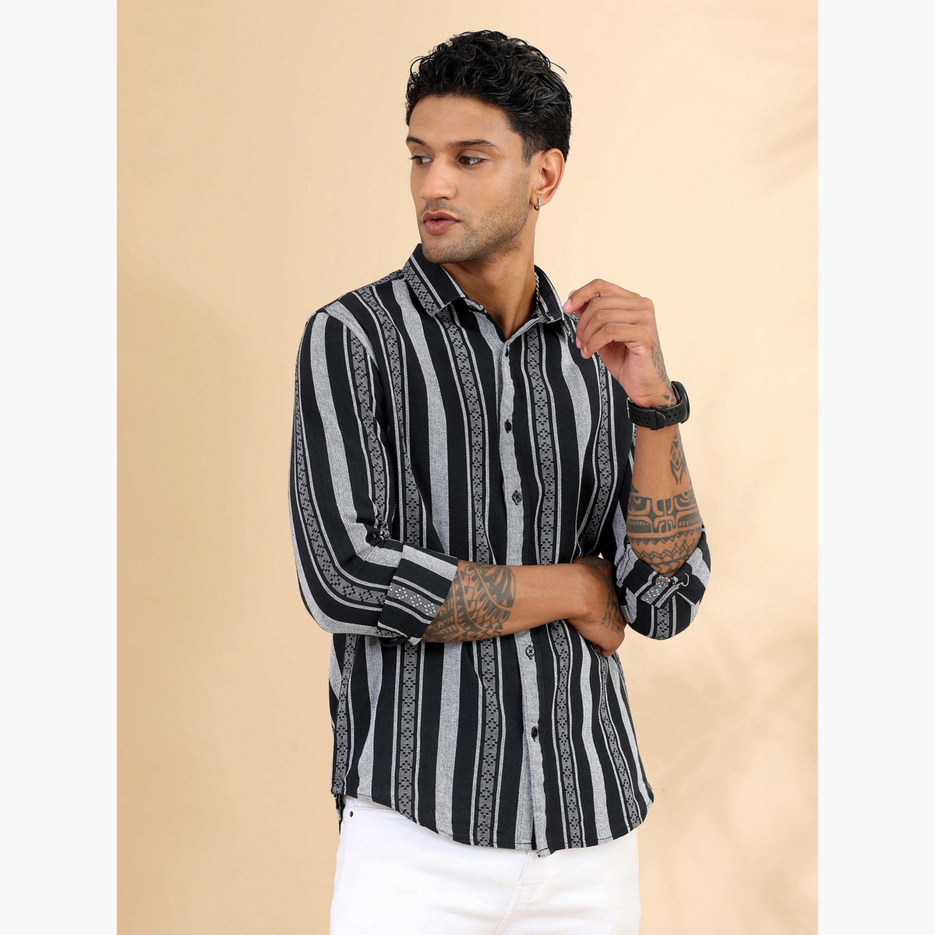 بوشيرت - قميص رجالي أسود مخطط بياقة واسعة-men-clothing-shirts-image-5