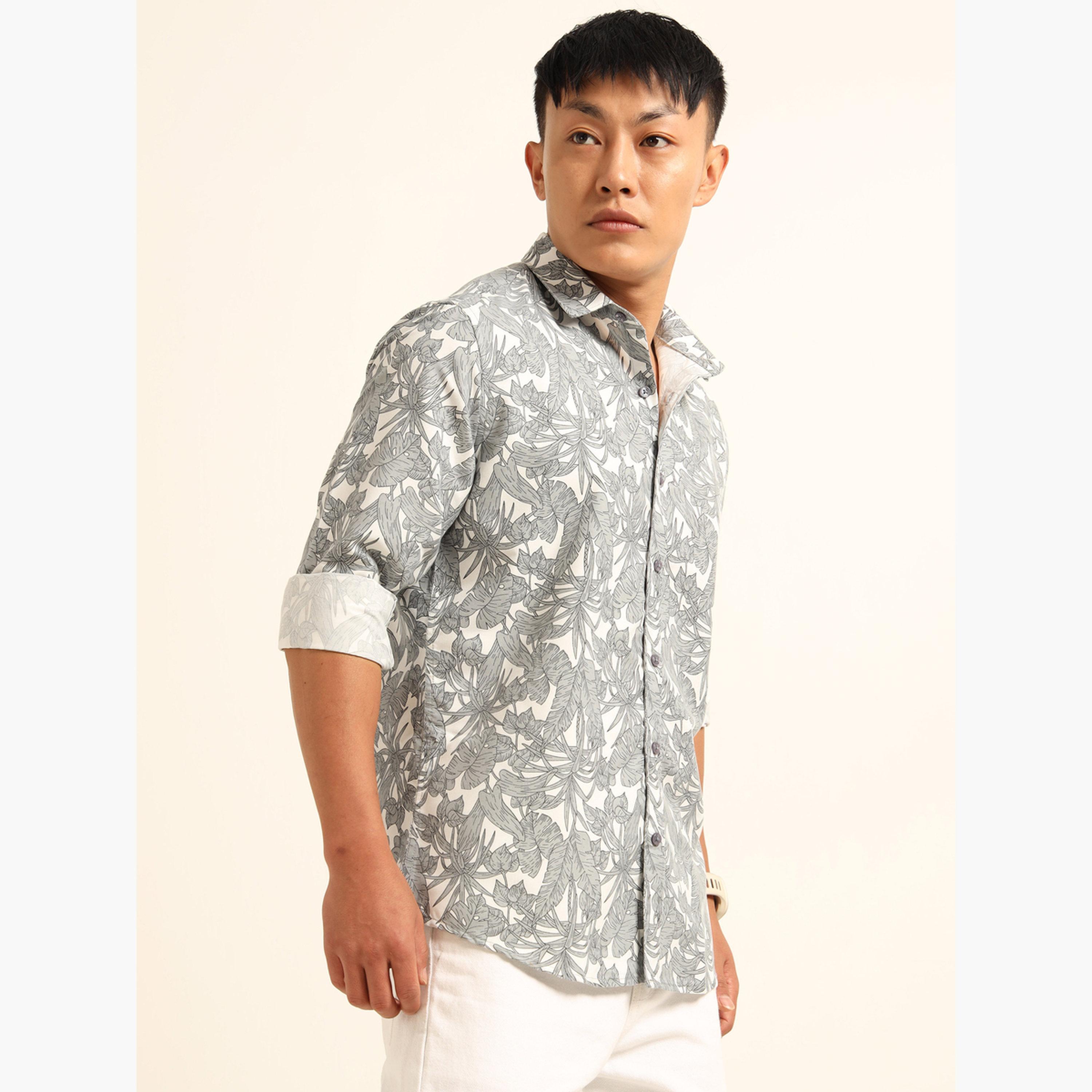 Bushirt Men Grey All Over Print Spread Collar Shirt-men-clothing-shirts-image-1
