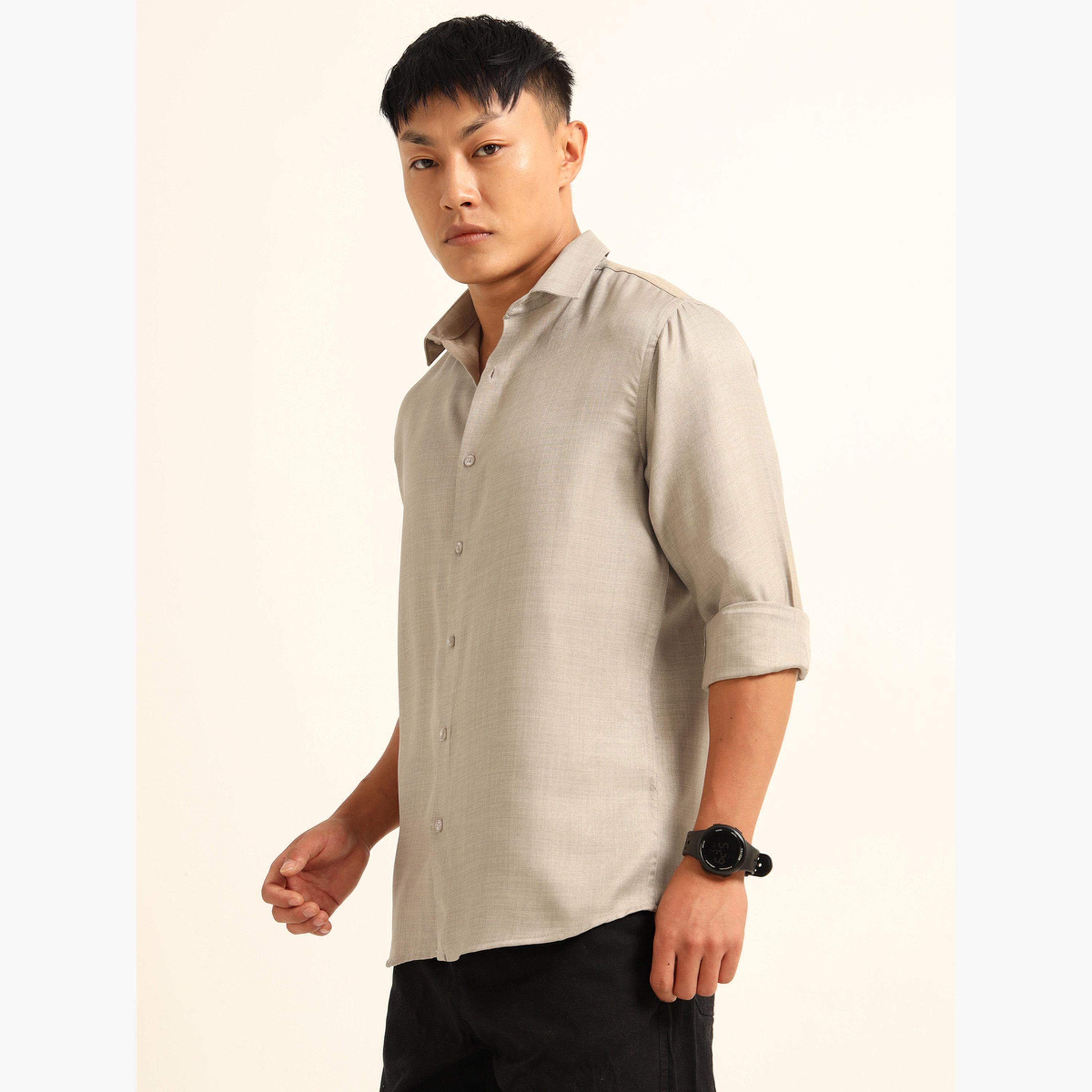 بوشيرت - قميص رجالي كلاسيكي كاجوال لون بيج-men-clothing-shirts-image-2