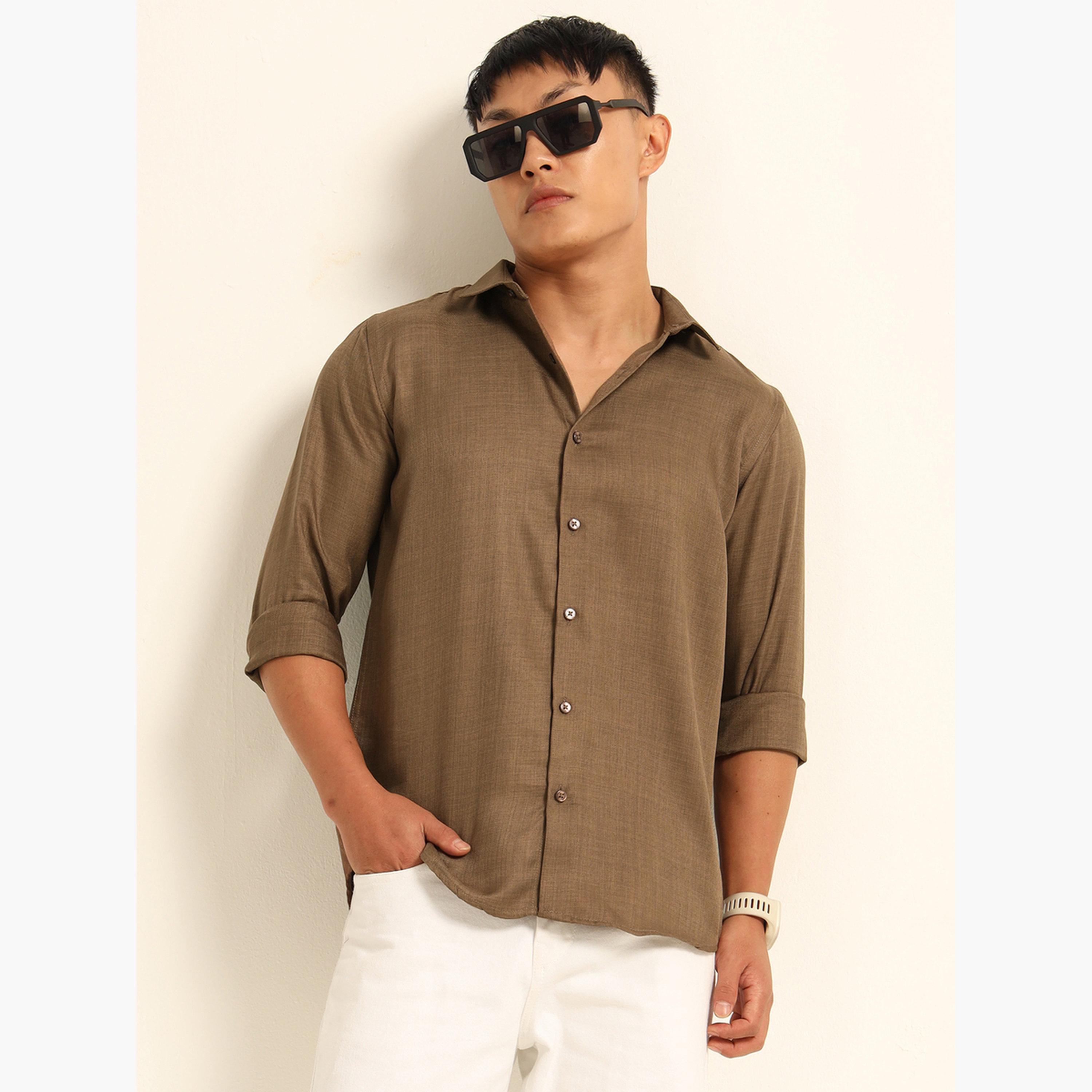بوشيرت - قميص رجالي بني كلاسيكي كاجوال-men-clothing-shirts-image-1