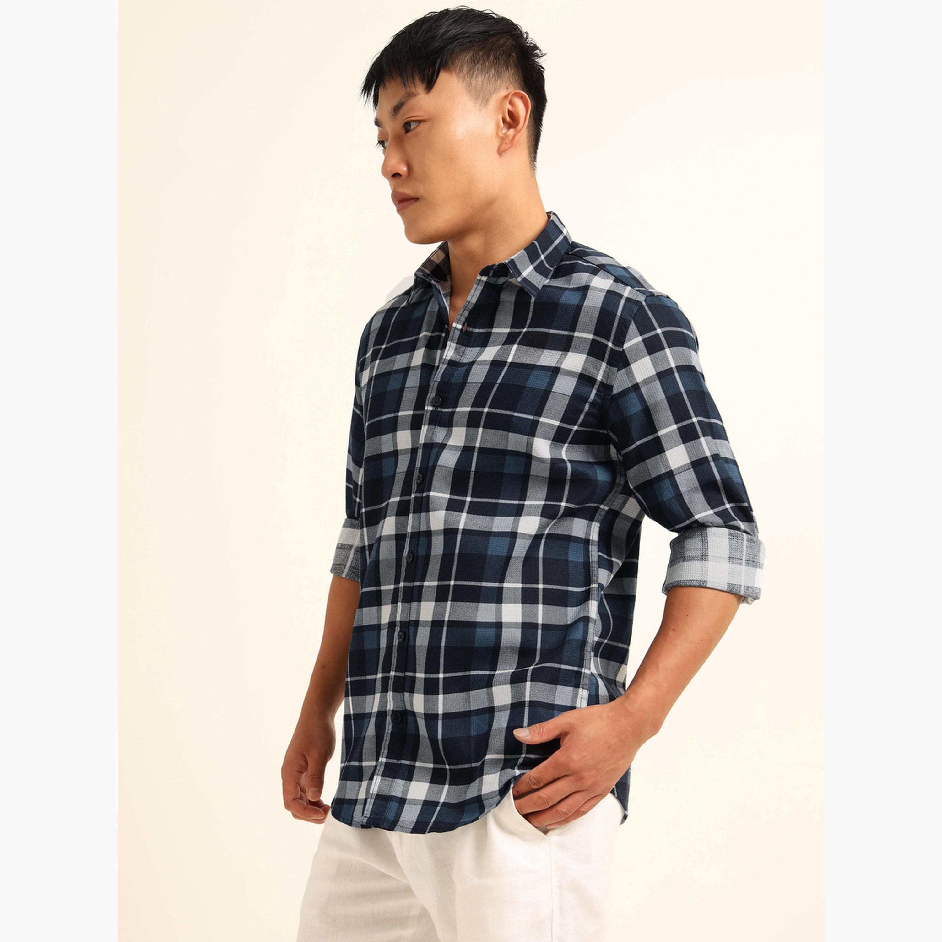 Bushirt Men Navy Blue Checked Spread Collar Shirt-men-clothing-shirts-image-2