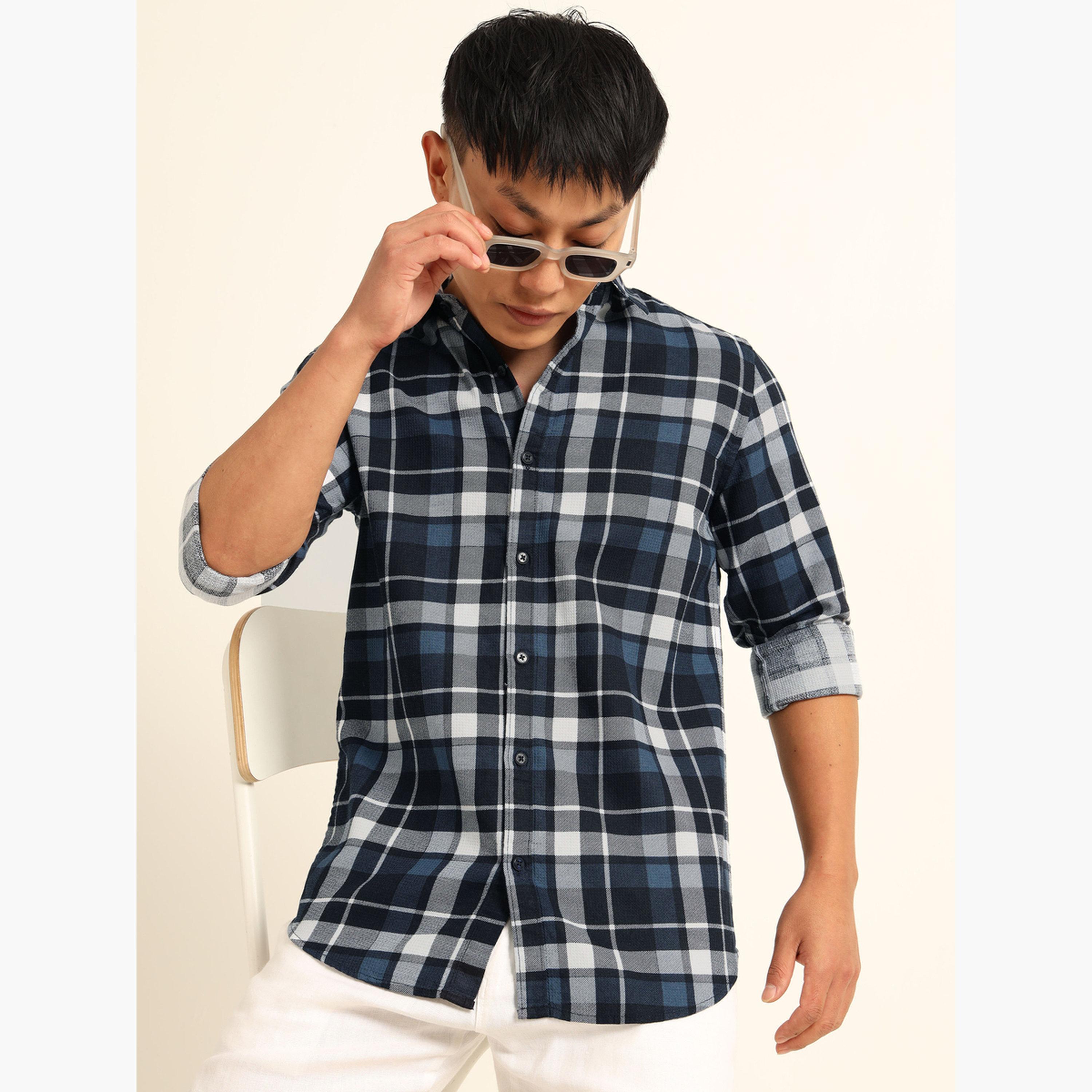 Bushirt Men Navy Blue Checked Spread Collar Shirt-men-clothing-shirts-image-3