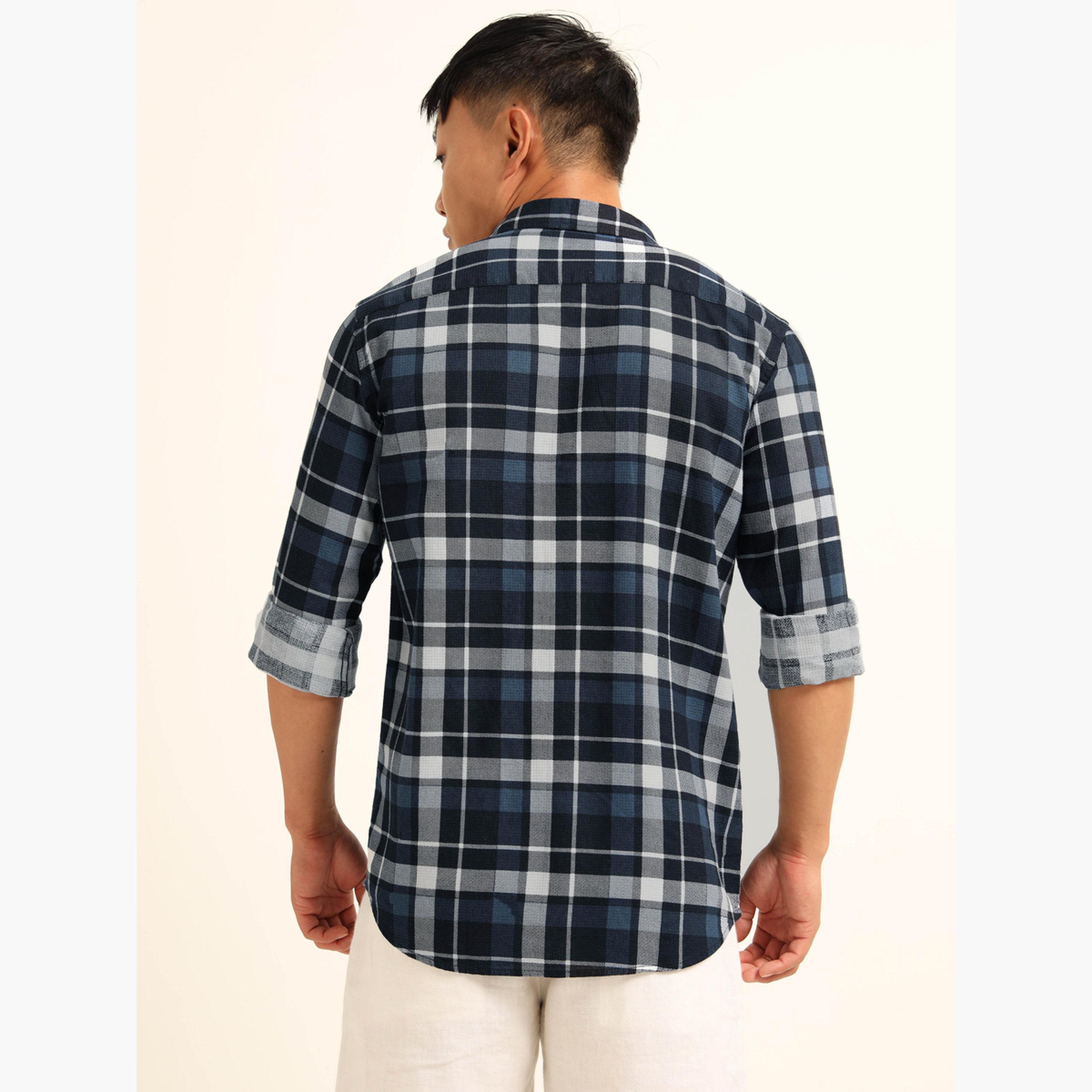 بوشيرت - قميص رجالي أزرق داكن منقوش بياقة واسعة-men-clothing-shirts-image-4