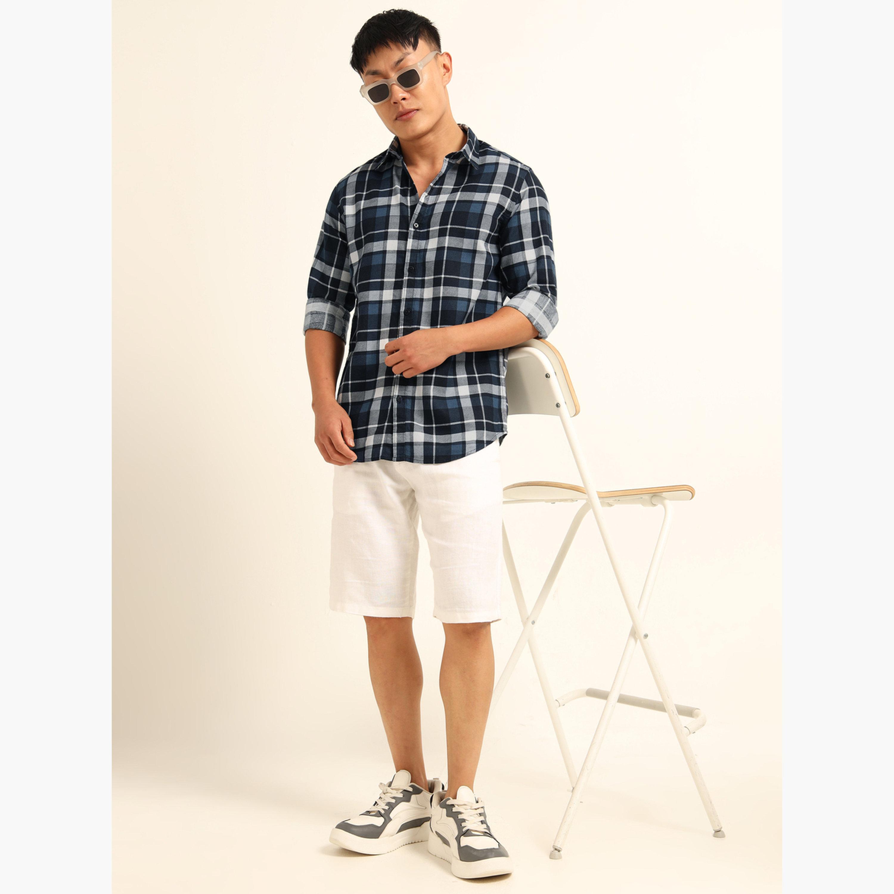 بوشيرت - قميص رجالي أزرق داكن منقوش بياقة واسعة-men-clothing-shirts-image-6