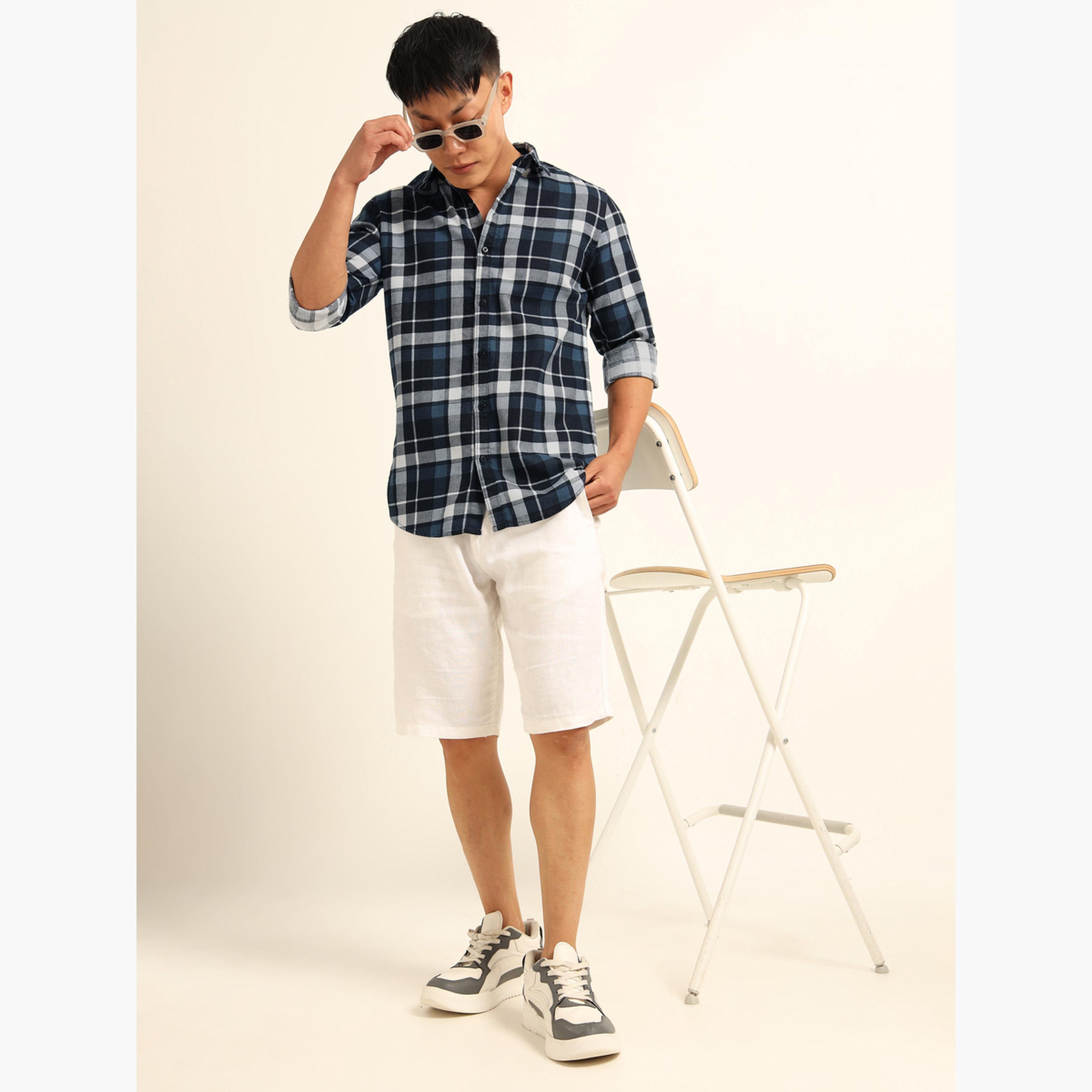 بوشيرت - قميص رجالي أزرق داكن منقوش بياقة واسعة-men-clothing-shirts-image-7