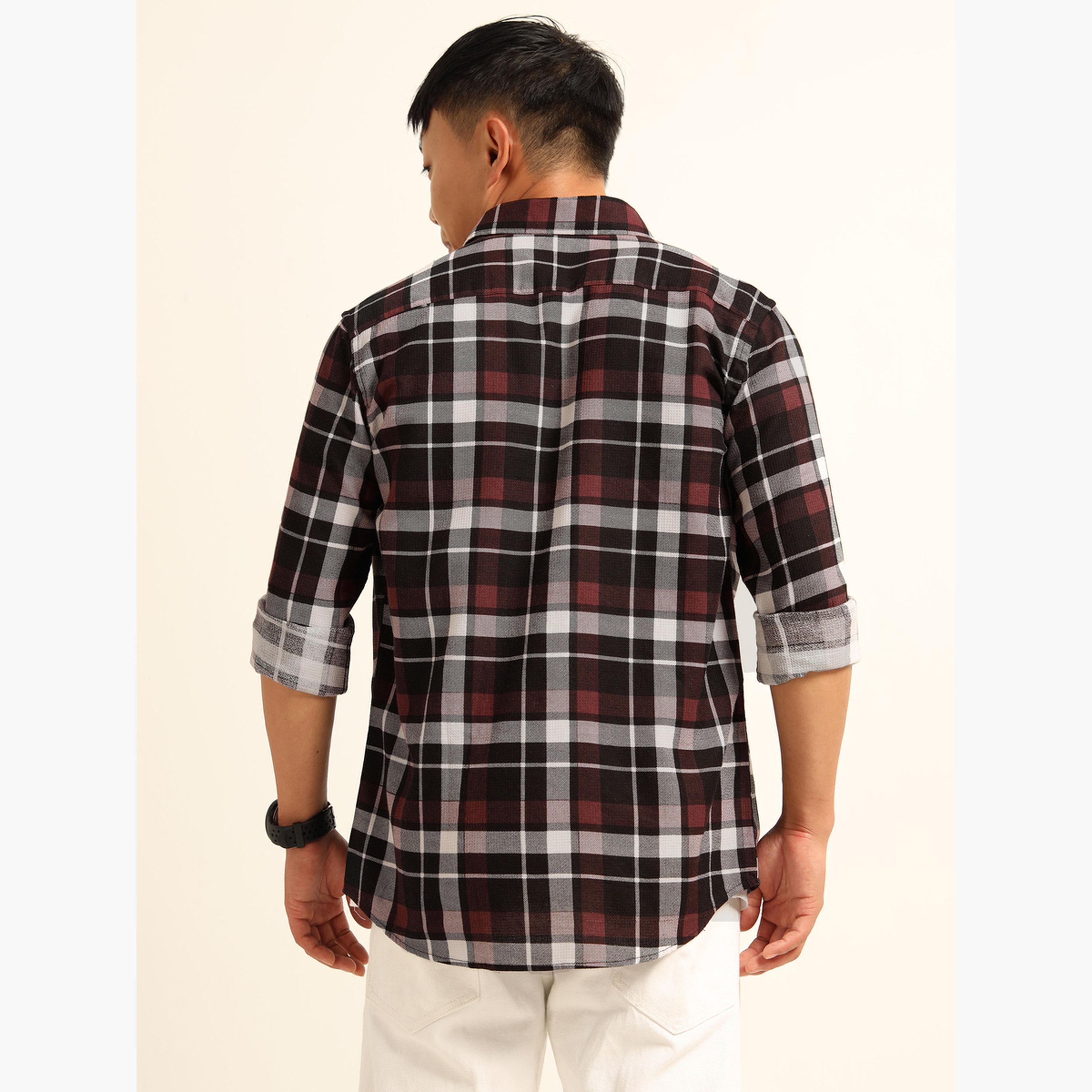 بوشيرت - قميص رجالي من الفلانيل منقوش لون عنابي-men-clothing-shirts-image-4
