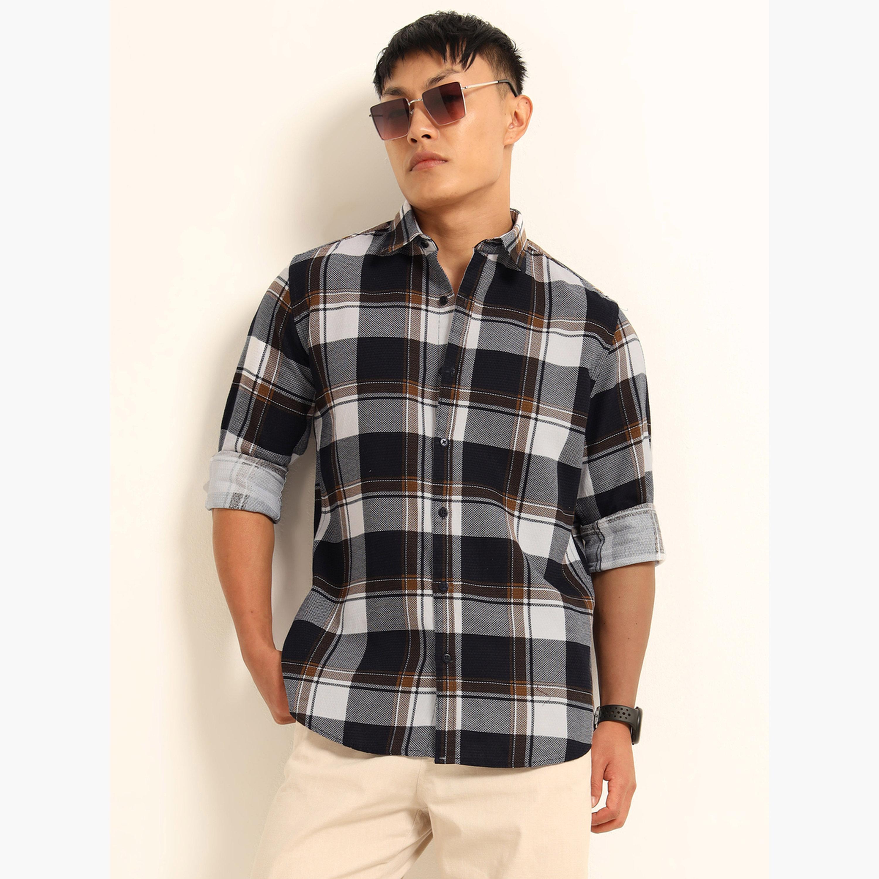 Bushirt Men Black Checked Slim Collar Shirt-men-clothing-shirts-image-1