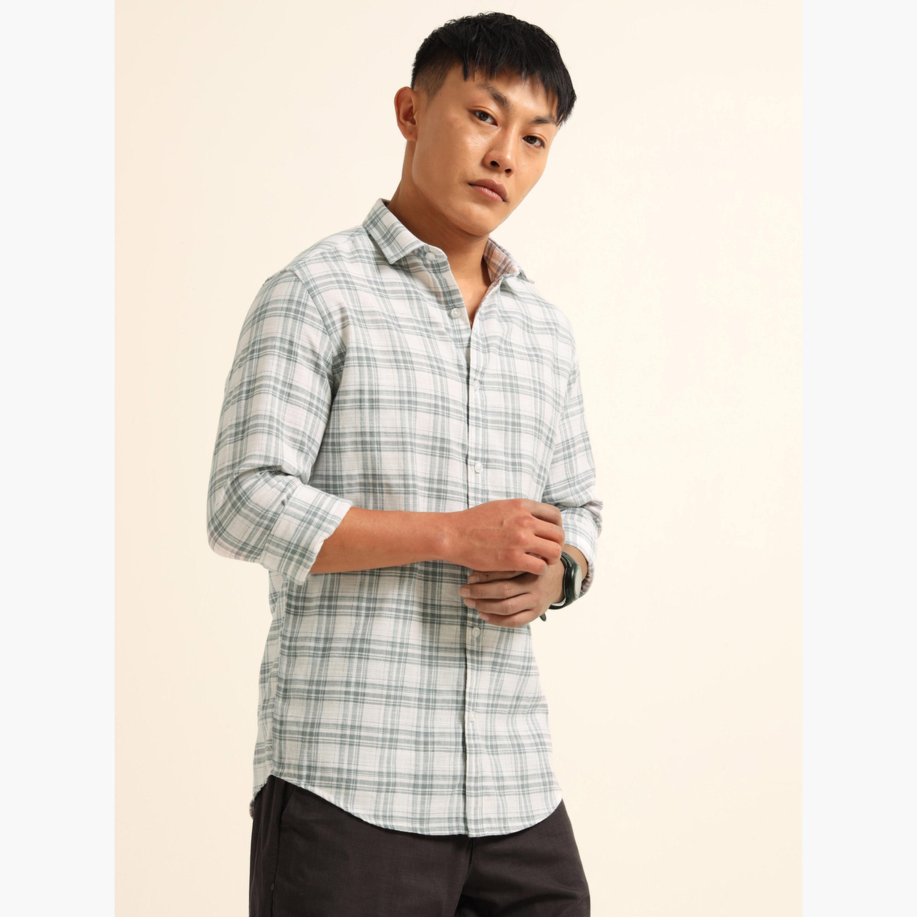 Bushirt Men White Checked Spread Collar Shirt-men-clothing-shirts-image-1