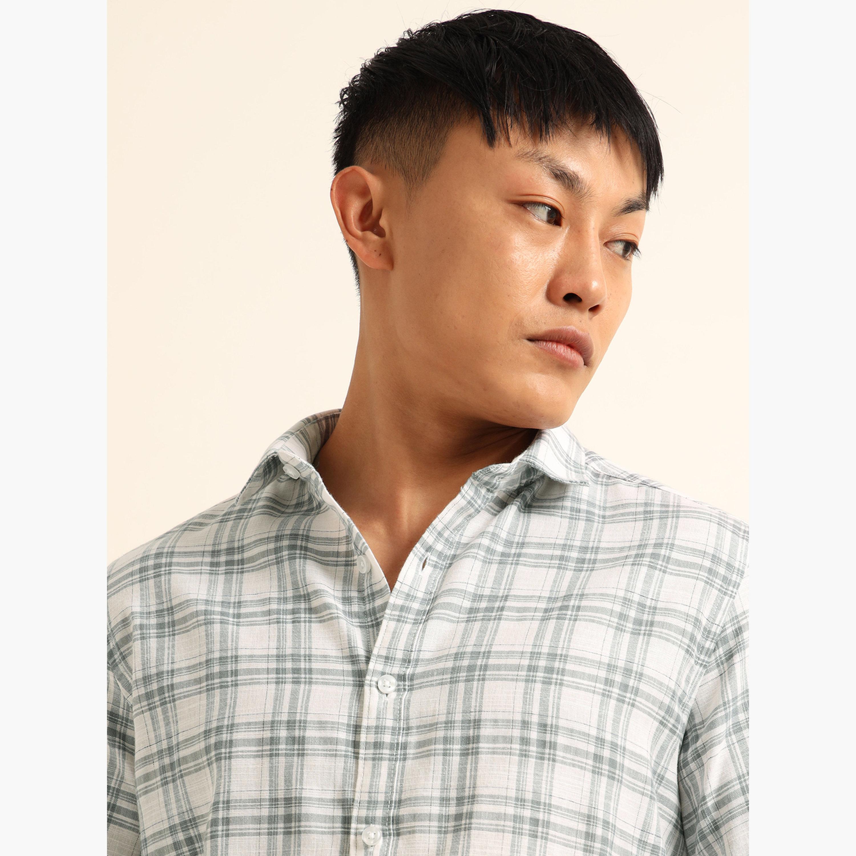 Bushirt Men White Checked Spread Collar Shirt-men-clothing-shirts-image-5