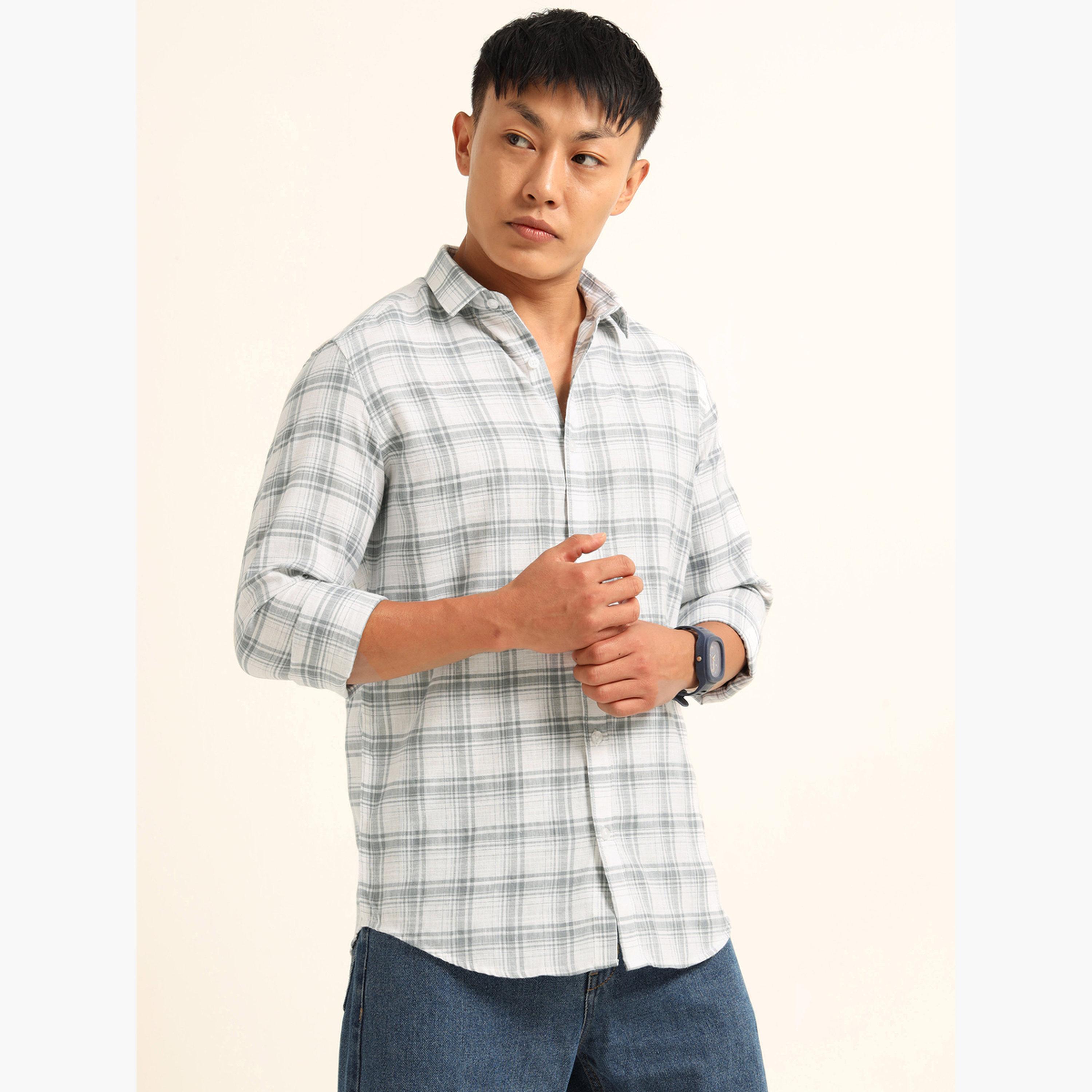 Bushirt Men White Checked Spread Collar Shirt-men-clothing-shirts-image-1
