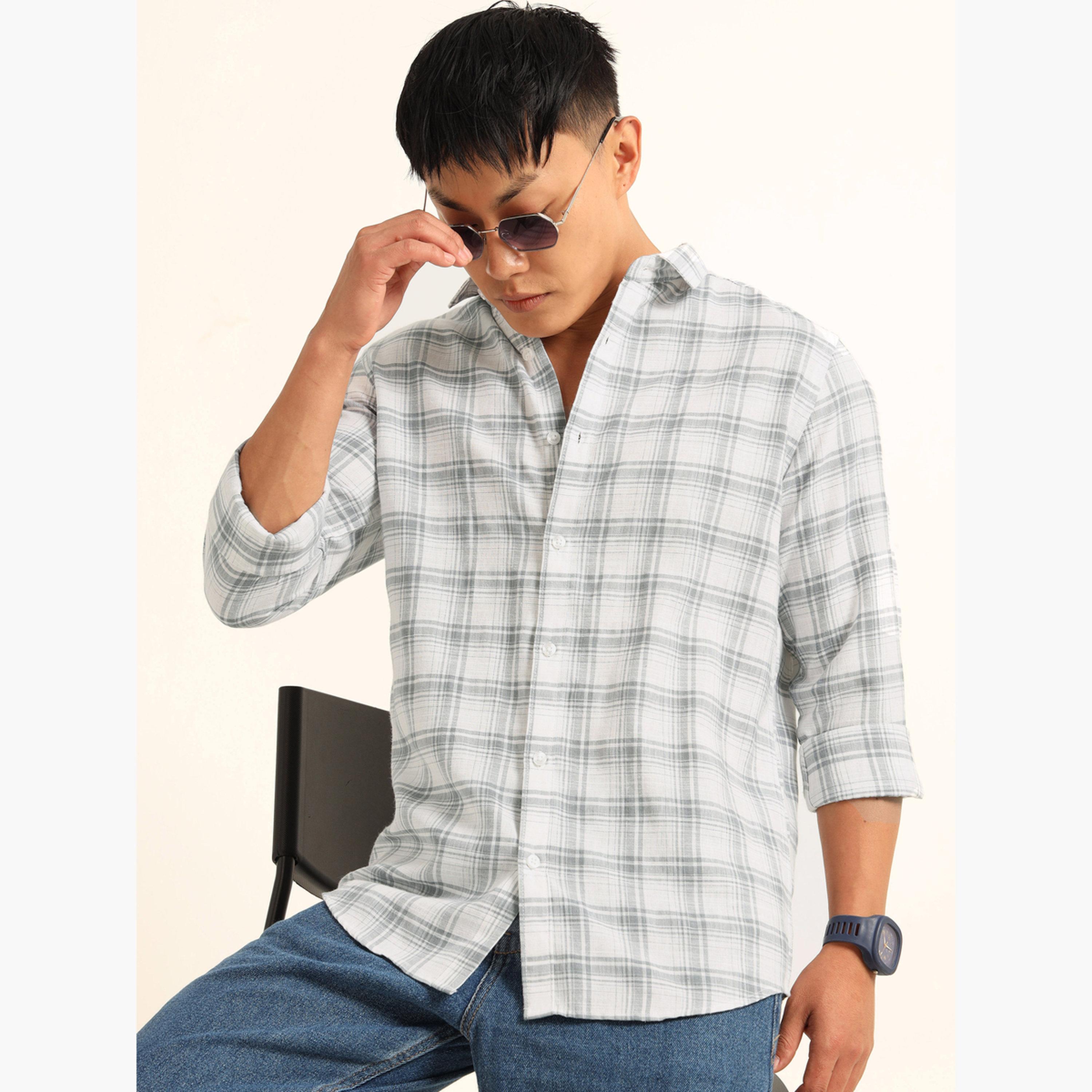 Bushirt Men White Checked Spread Collar Shirt-men-clothing-shirts-image-3
