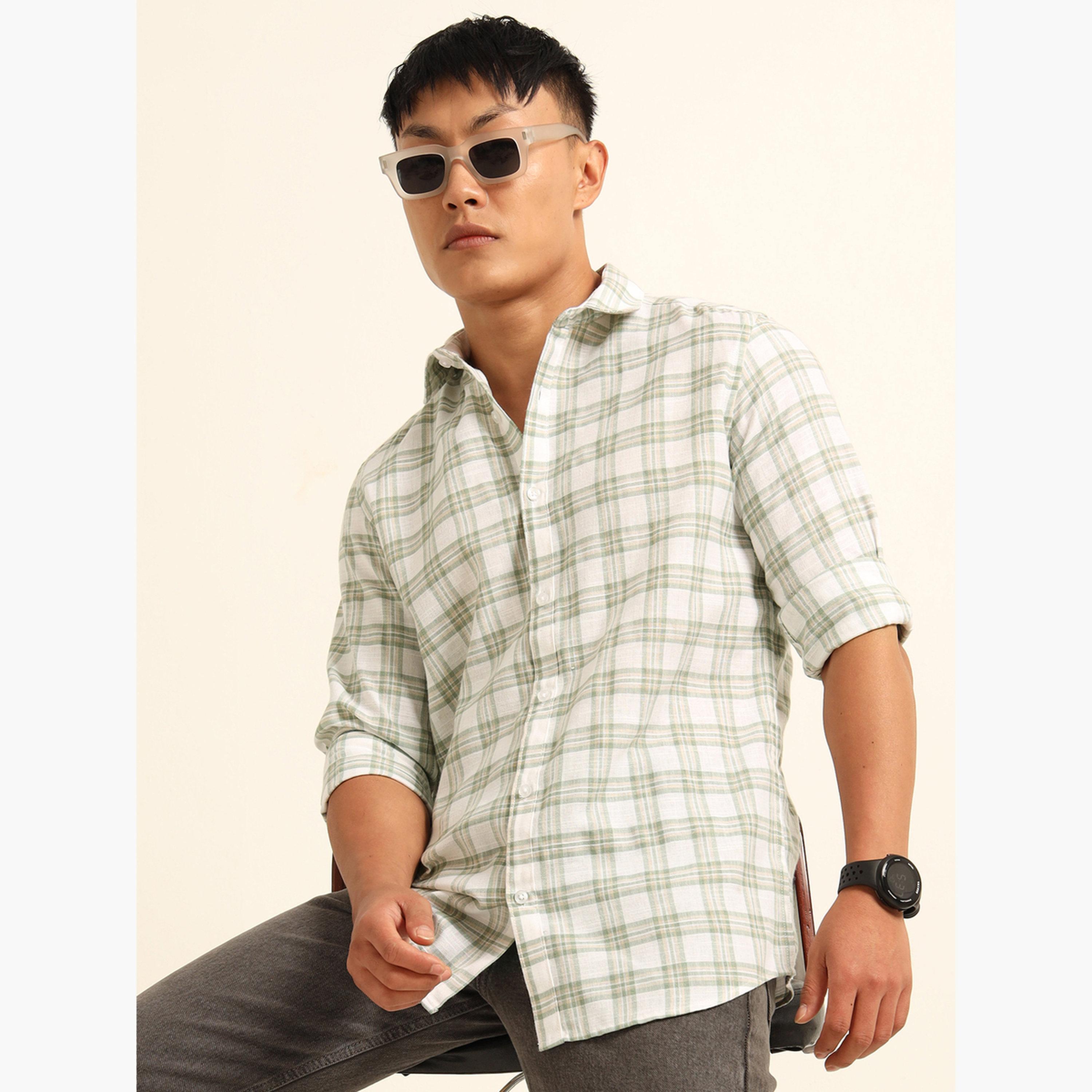 بوشيرت - قميص رجالي كاجوال منقوش لون أخضر-men-clothing-shirts-image-3