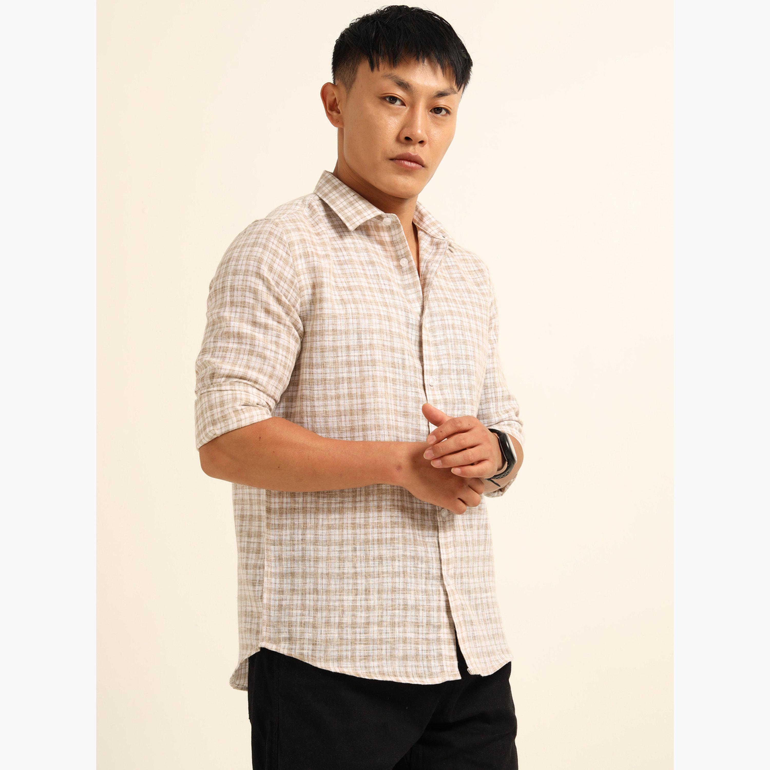 بوشيرت - قميص رجالي بني اللون منقوش بياقة واسعة-men-clothing-shirts-image-1