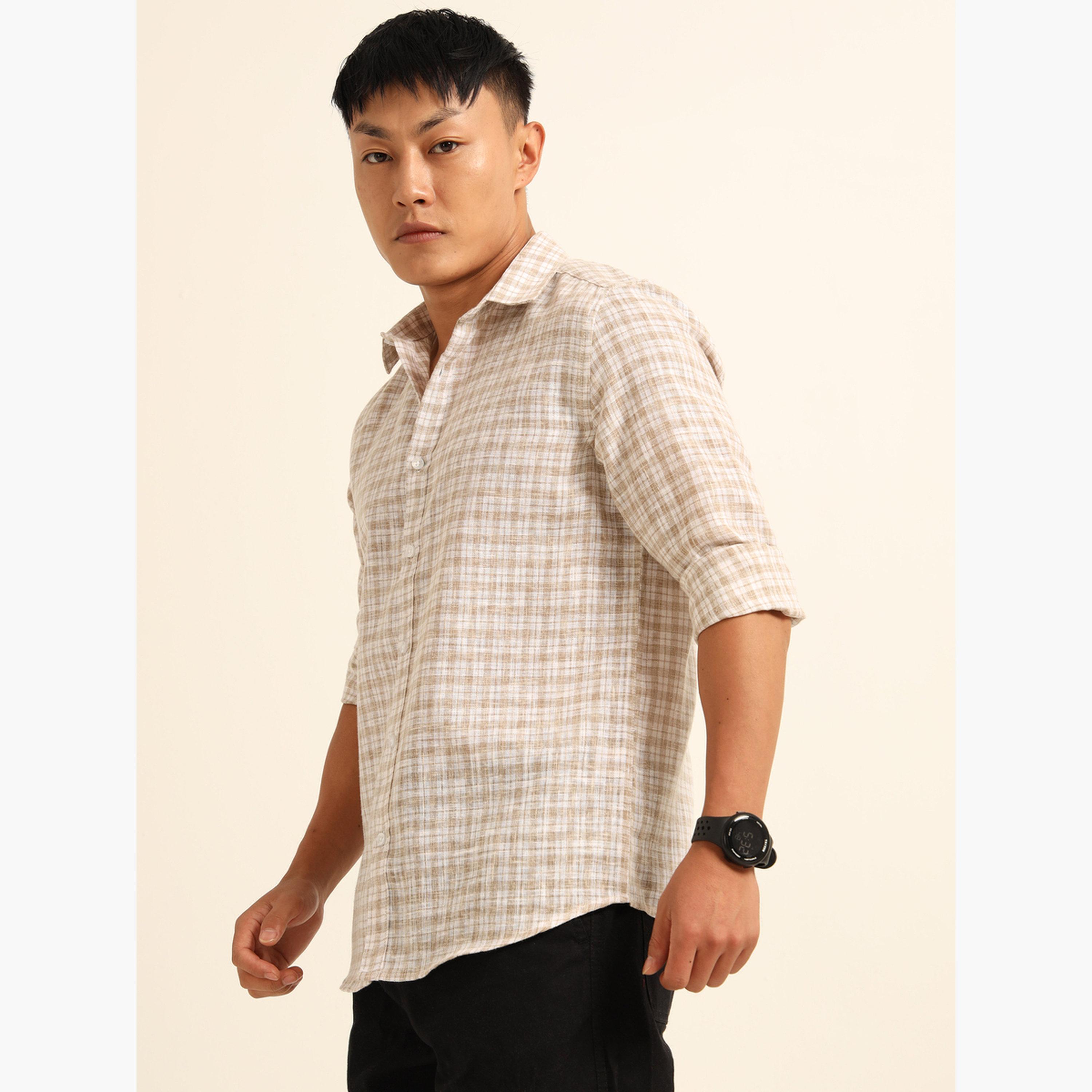 Bushirt Men Brown Checked Spread Collar Shirt-men-clothing-shirts-image-2