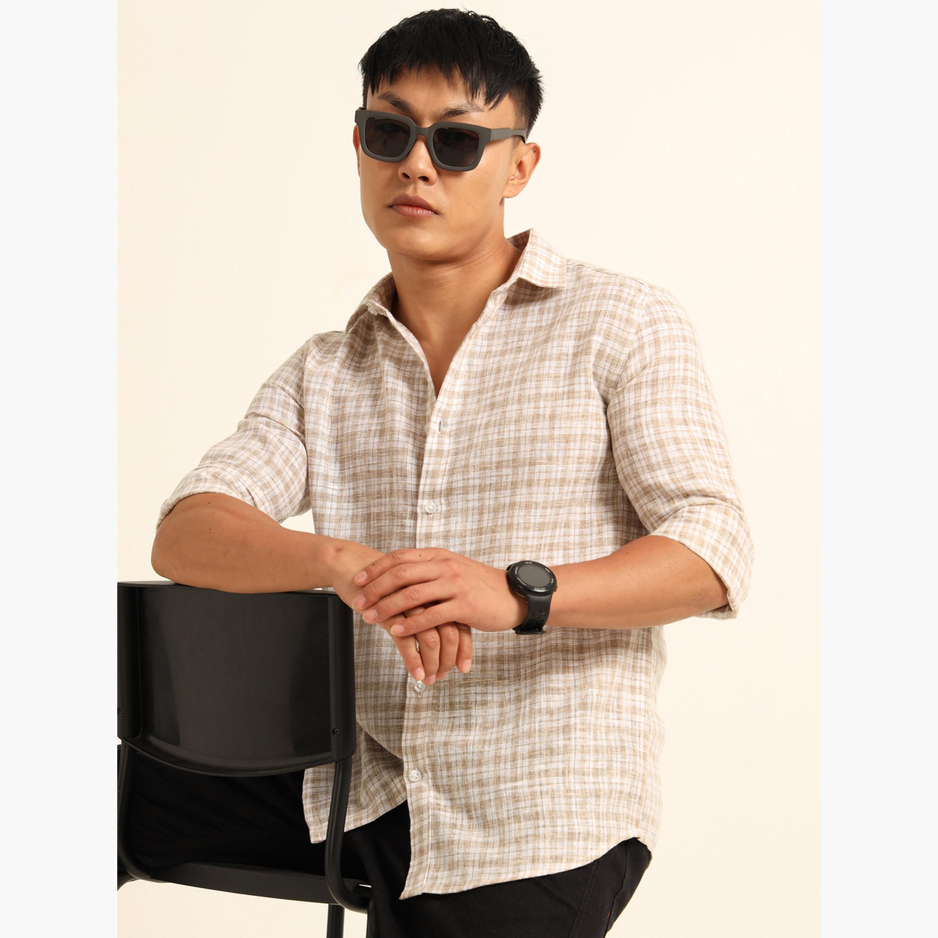 بوشيرت - قميص رجالي بني اللون منقوش بياقة واسعة-men-clothing-shirts-image-3
