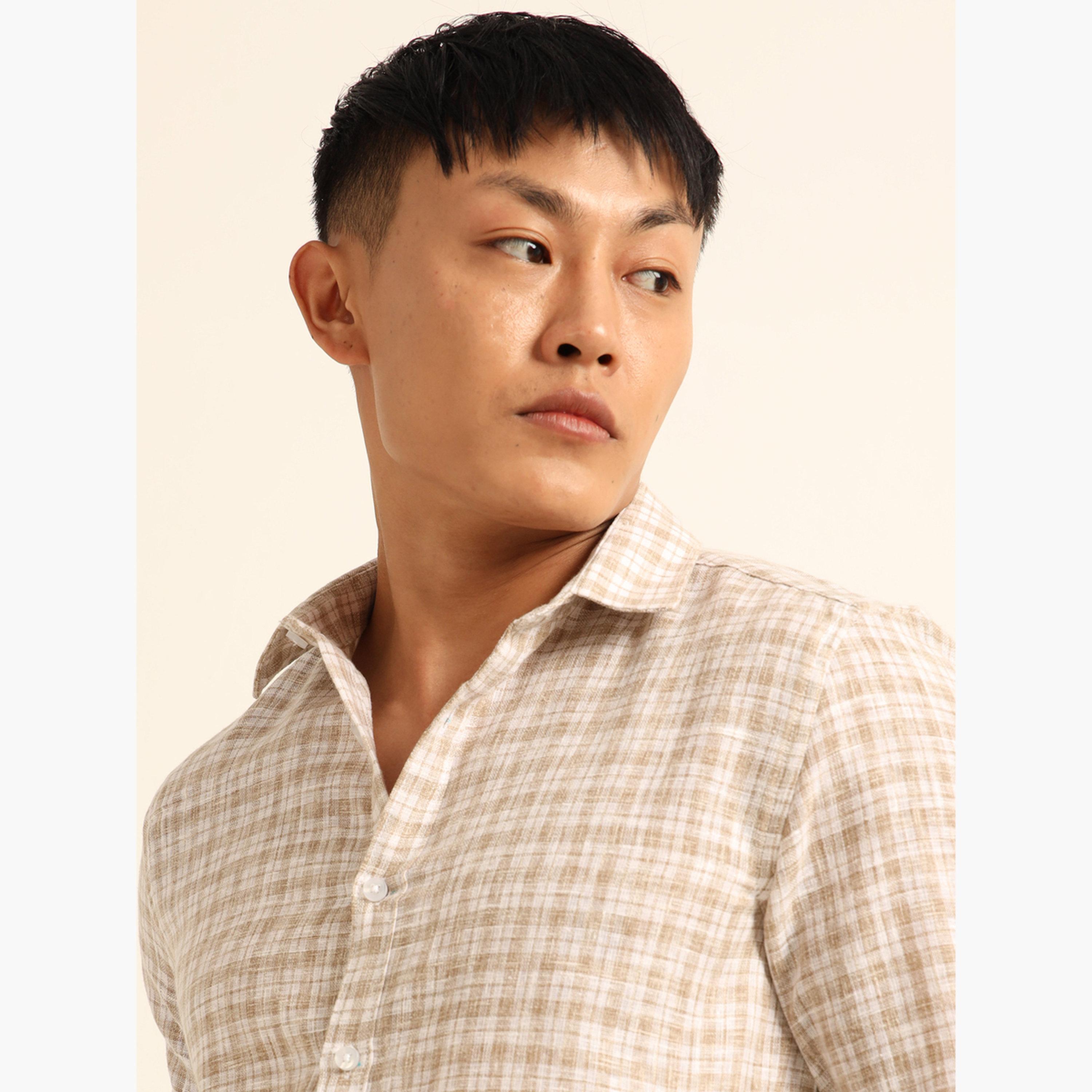 بوشيرت - قميص رجالي بني اللون منقوش بياقة واسعة-men-clothing-shirts-image-5