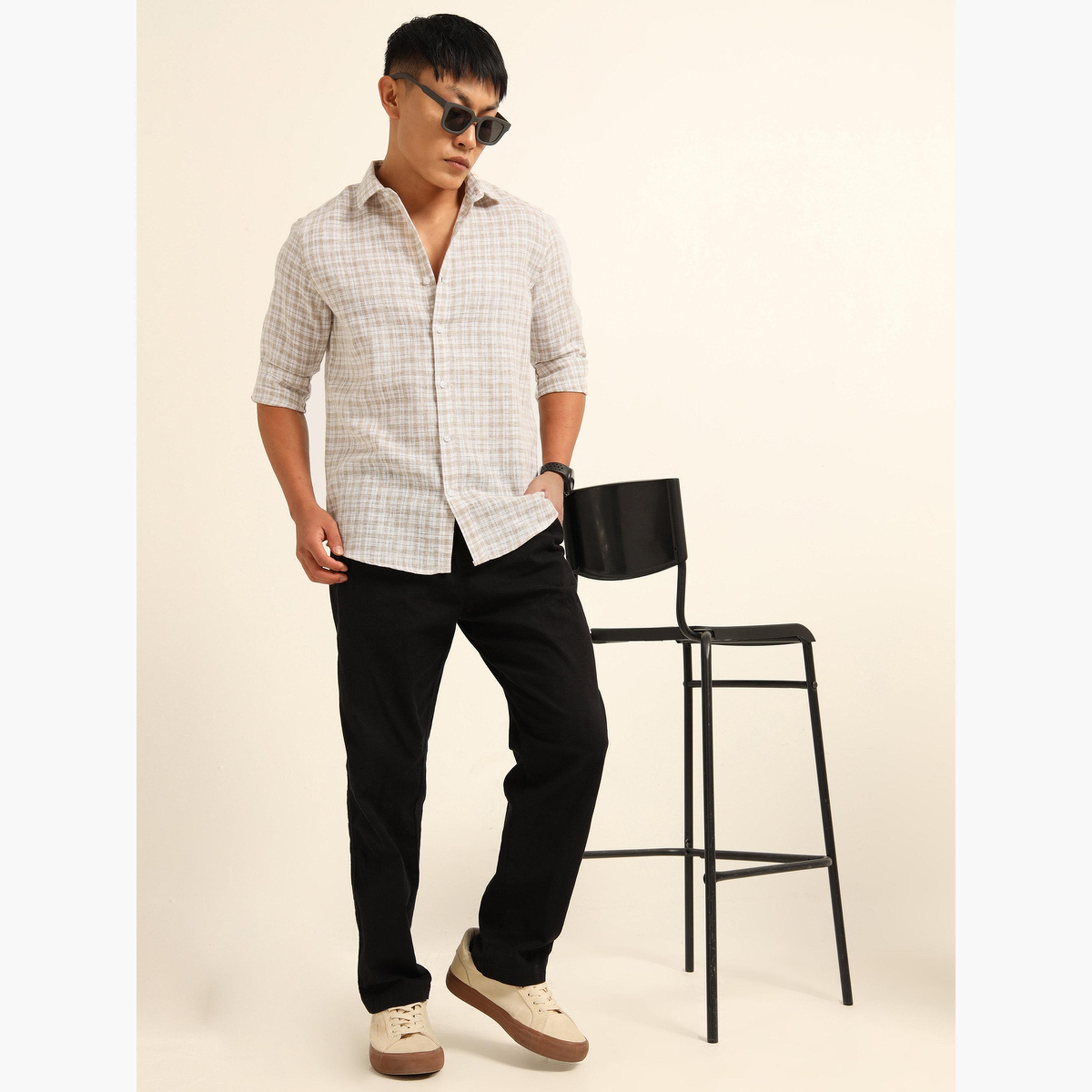 بوشيرت - قميص رجالي بني اللون منقوش بياقة واسعة-men-clothing-shirts-image-7