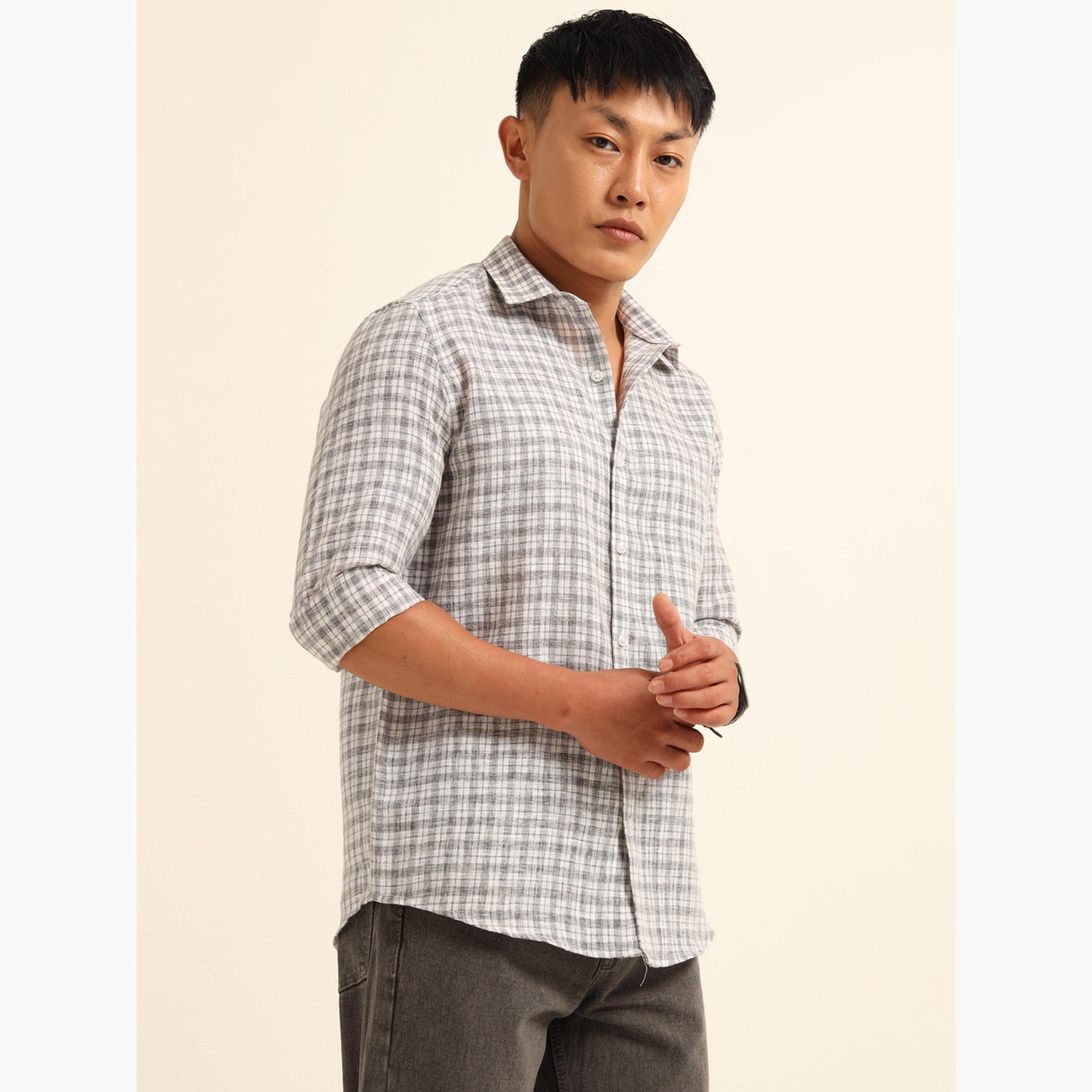 بوشيرت - قميص رجالي رمادي اللون منقوش بياقة واسعة-men-clothing-shirts-image-1