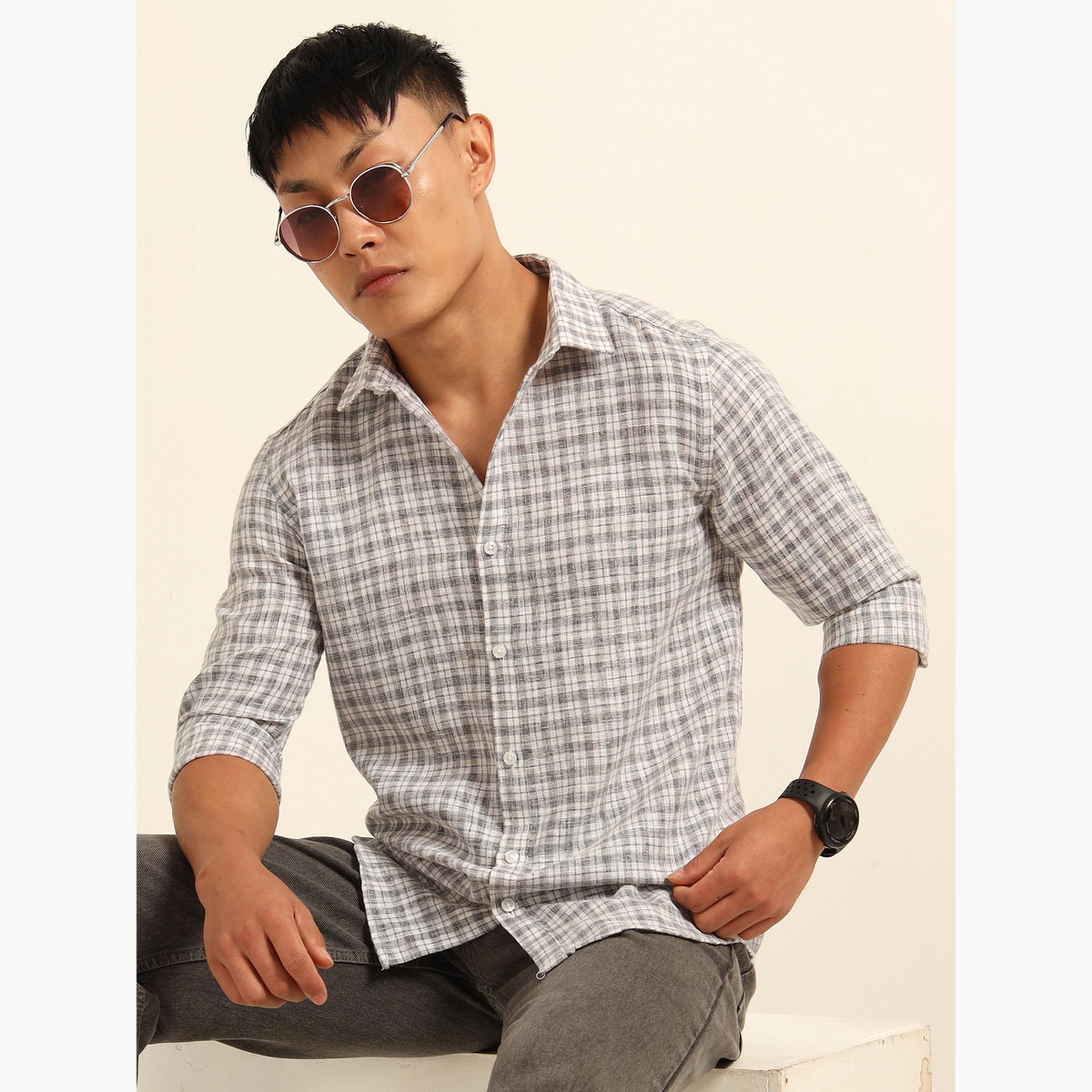 Bushirt Men Grey Checked Spread Collar Shirt-men-clothing-shirts-image-3