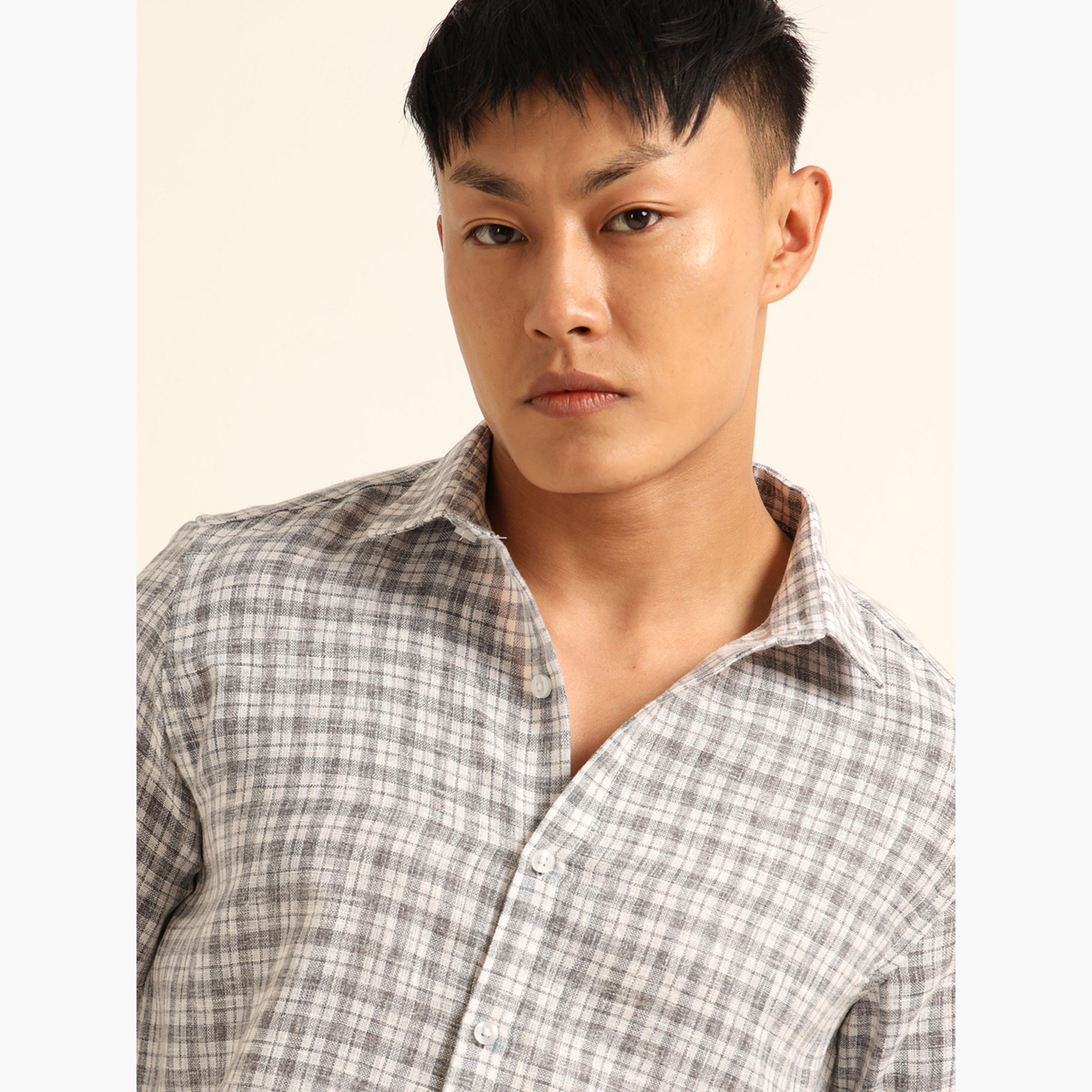 Bushirt Men Grey Checked Spread Collar Shirt-men-clothing-shirts-image-5
