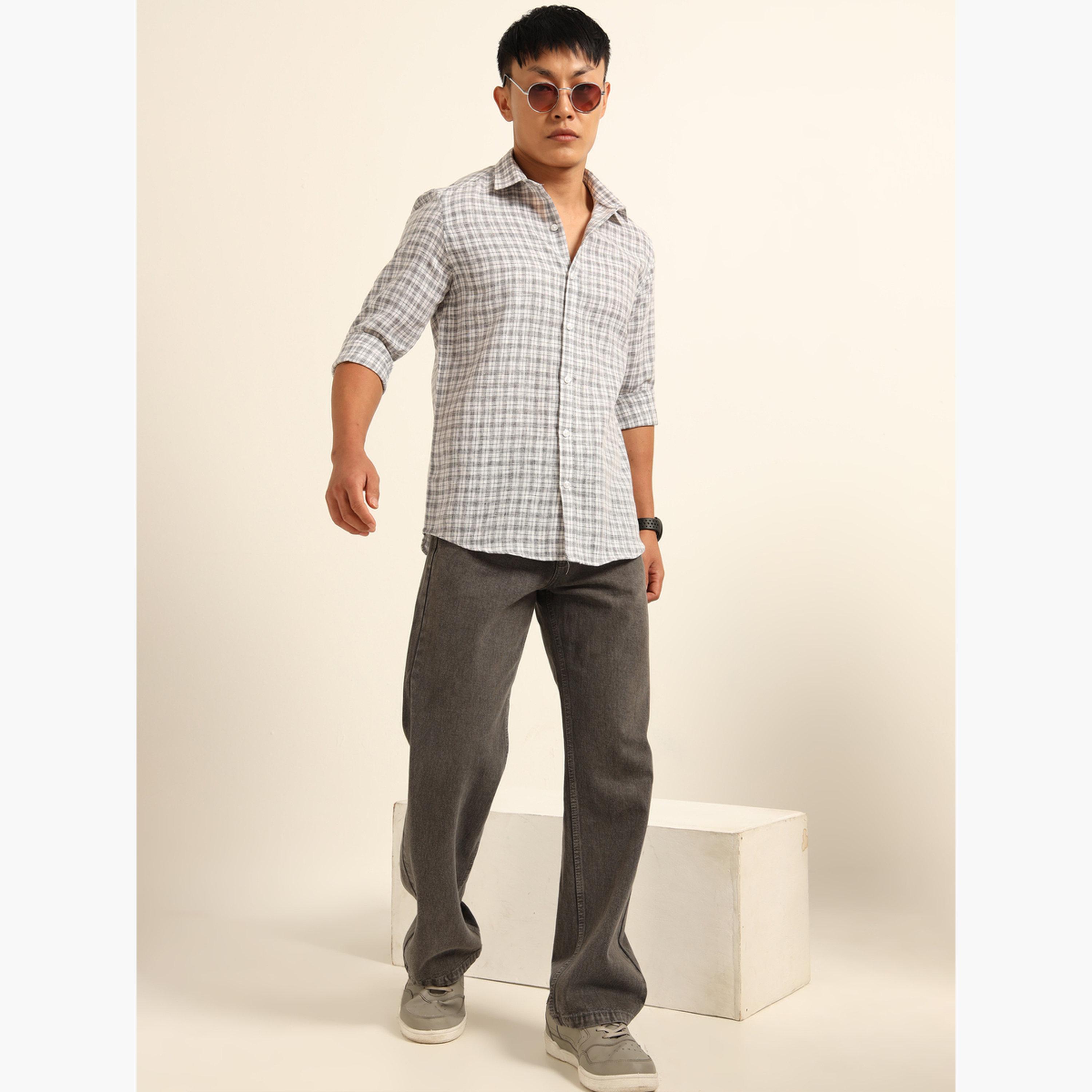 Bushirt Men Grey Checked Spread Collar Shirt-men-clothing-shirts-image-6