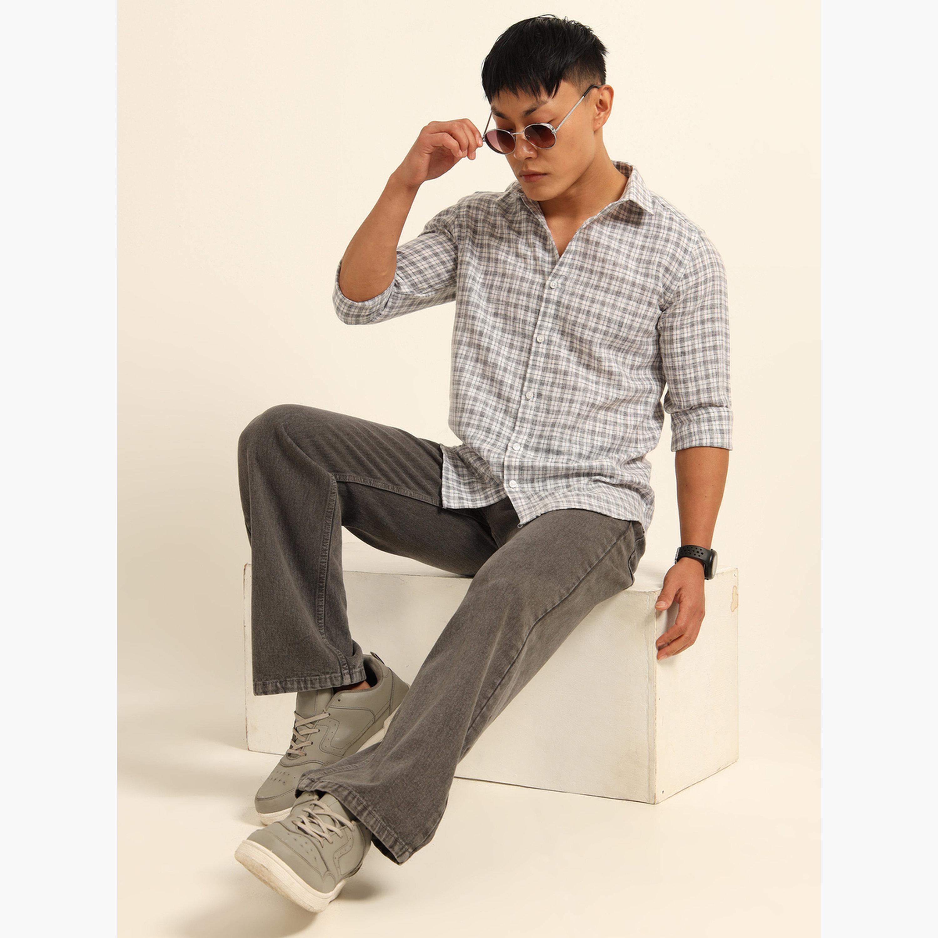 Bushirt Men Grey Checked Spread Collar Shirt-men-clothing-shirts-image-7