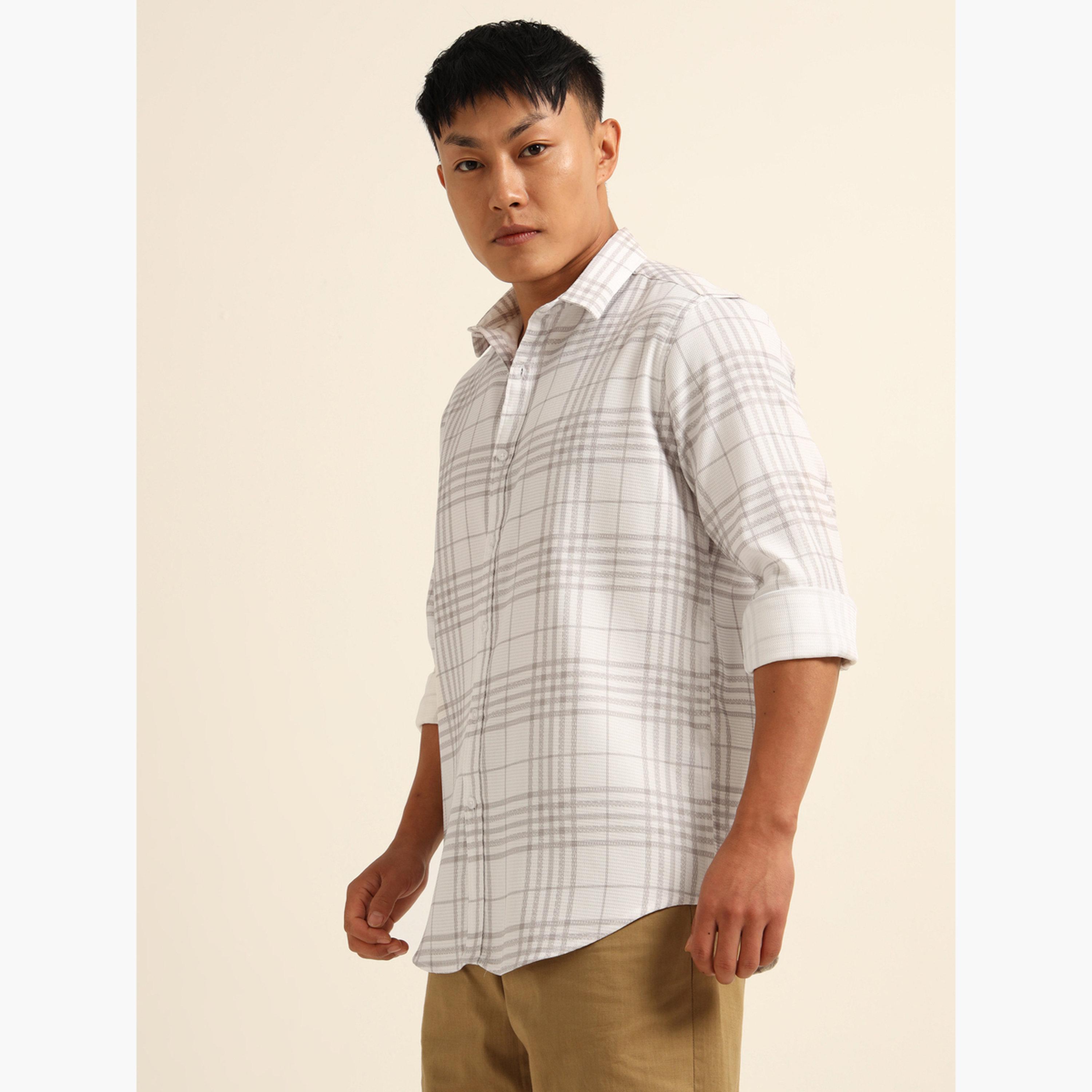 Bushirt Men White Checked Spread Collar Shirt-men-clothing-shirts-image-2