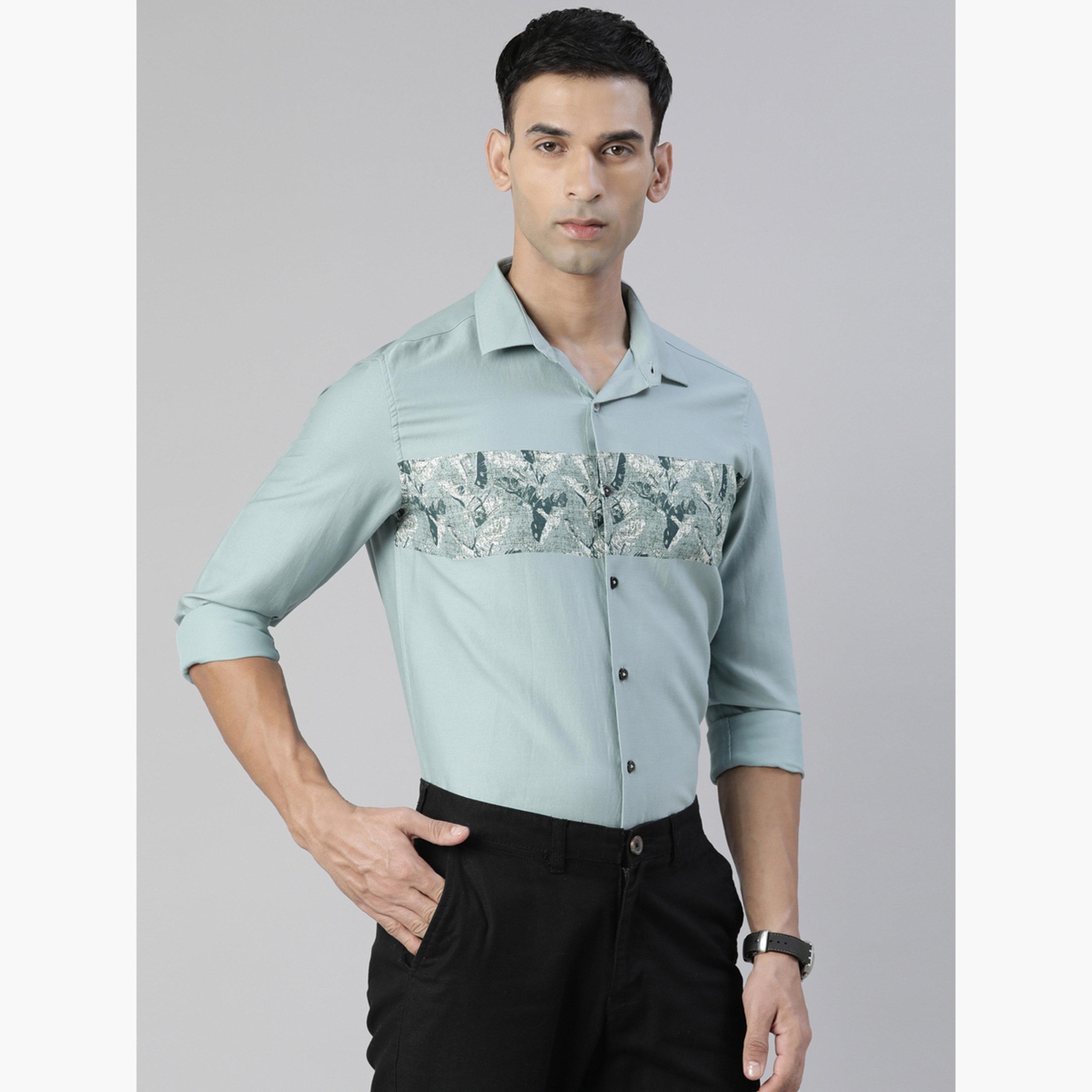 Bushirt Men Green Fascia Cloud Grey Panel Print Shirt-men-clothing-shirts-image-1