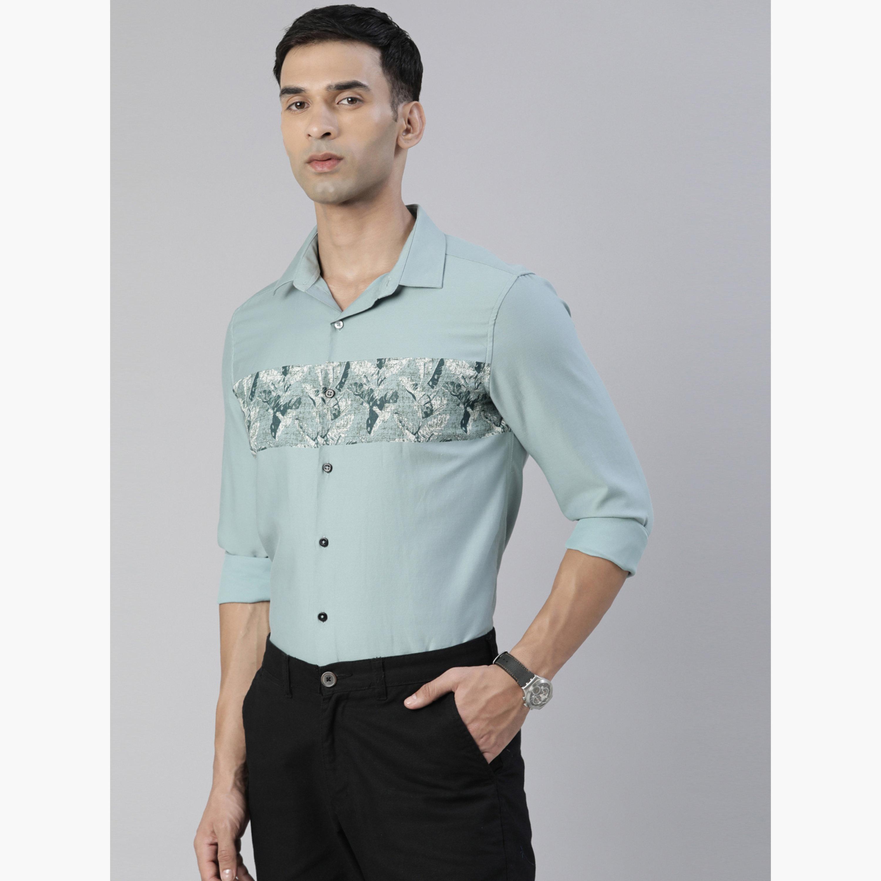 بوشيرت - قميص رجالي بطباعة لوحة لون رمادي السحابي مع واجهة خضراء-men-clothing-shirts-image-2