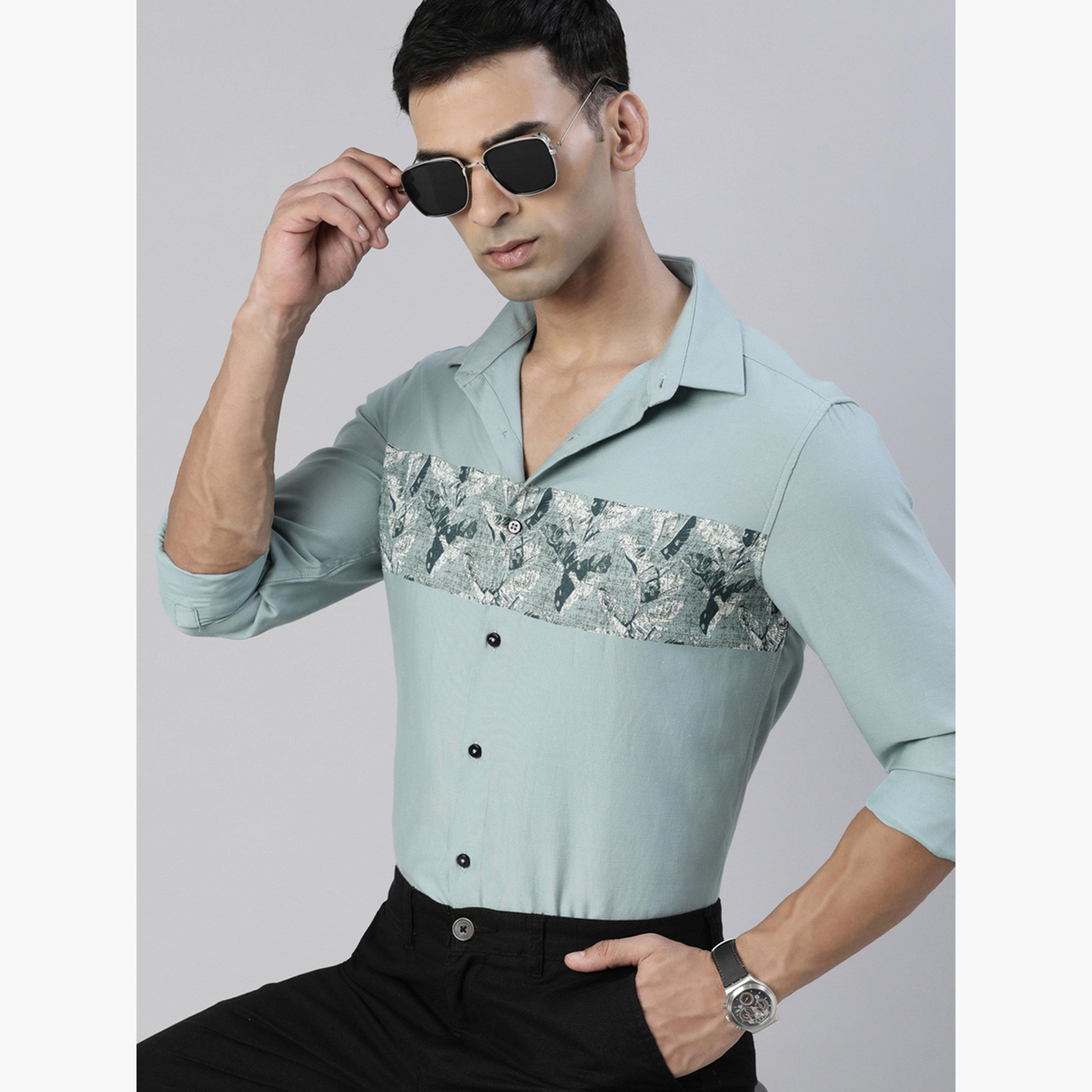 Bushirt Men Green Fascia Cloud Grey Panel Print Shirt-men-clothing-shirts-image-3
