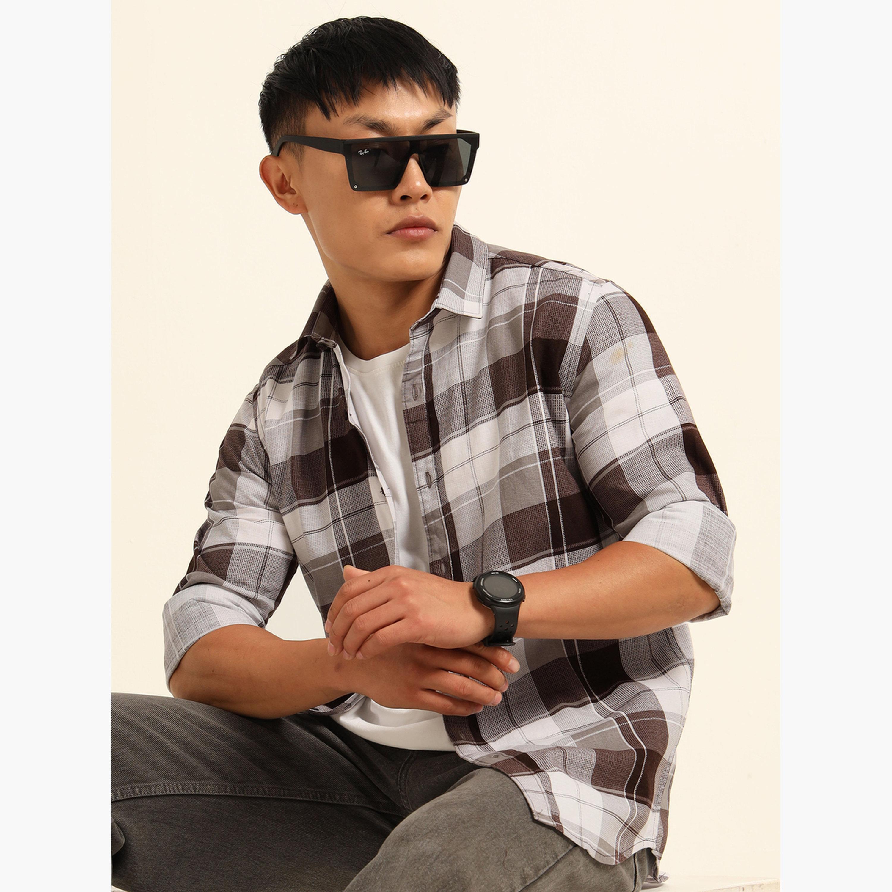 بوشيرت - قميص رجالي من الفلانيل منقوش لون عنابي-men-clothing-shirts-image-3