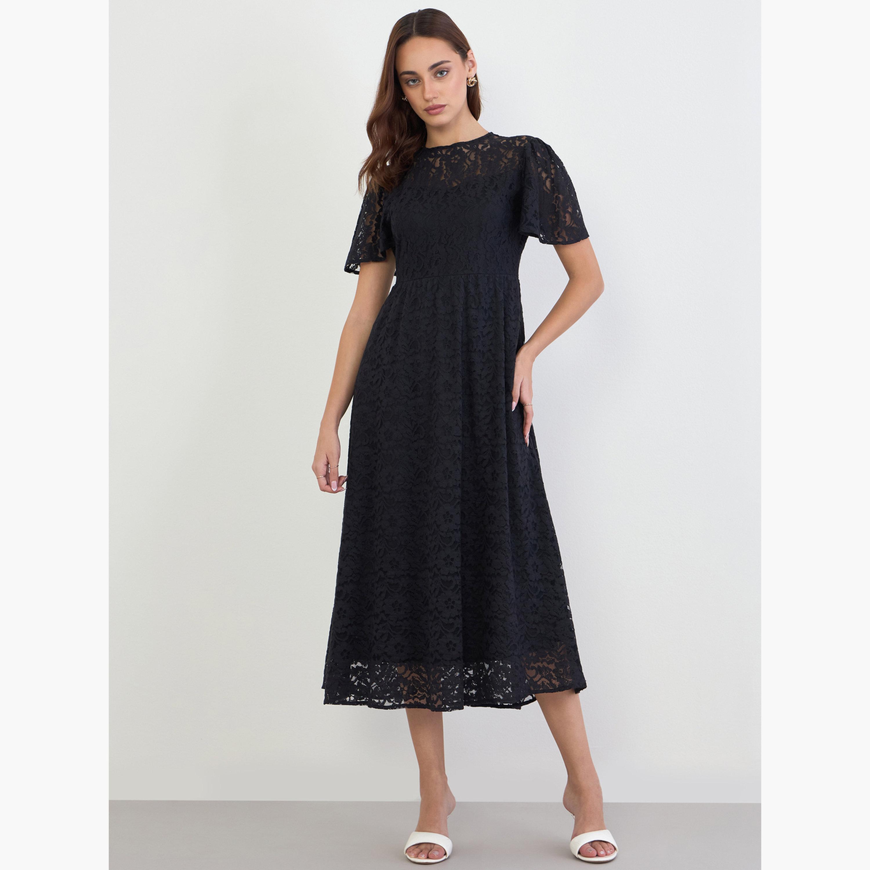 فستان ميدي دانتيل بحواف صدفية-women-clothing-dresses-image-1