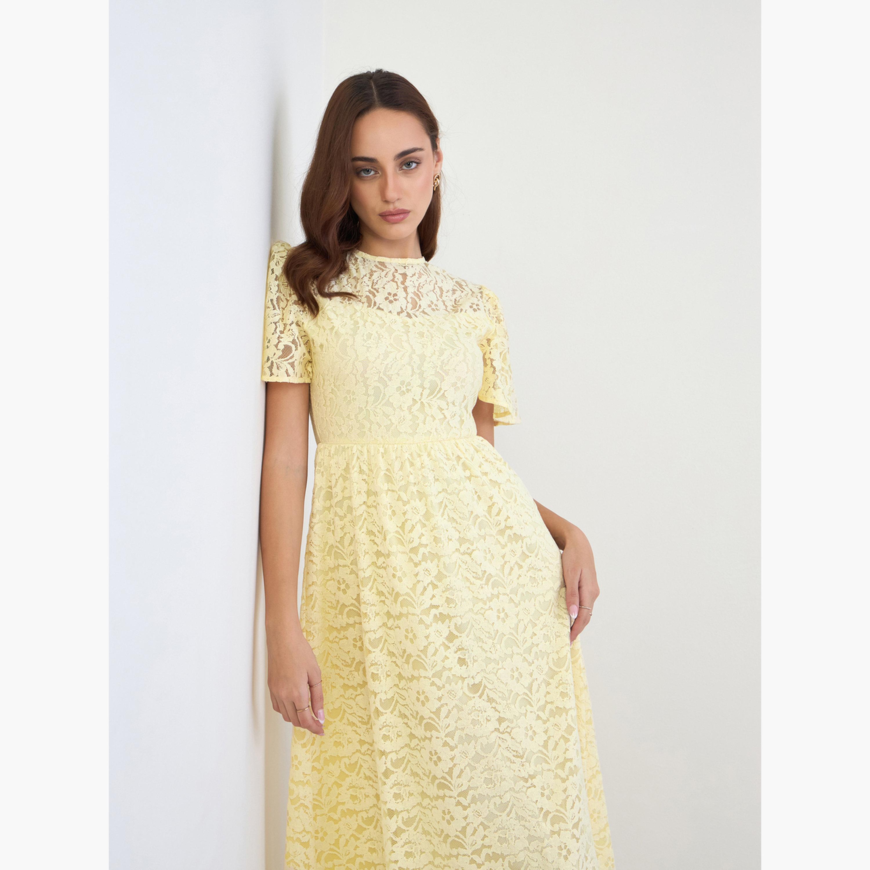 Styli Yellow Lace A-Line Midi Dress-women-clothing-dresses-image-2
