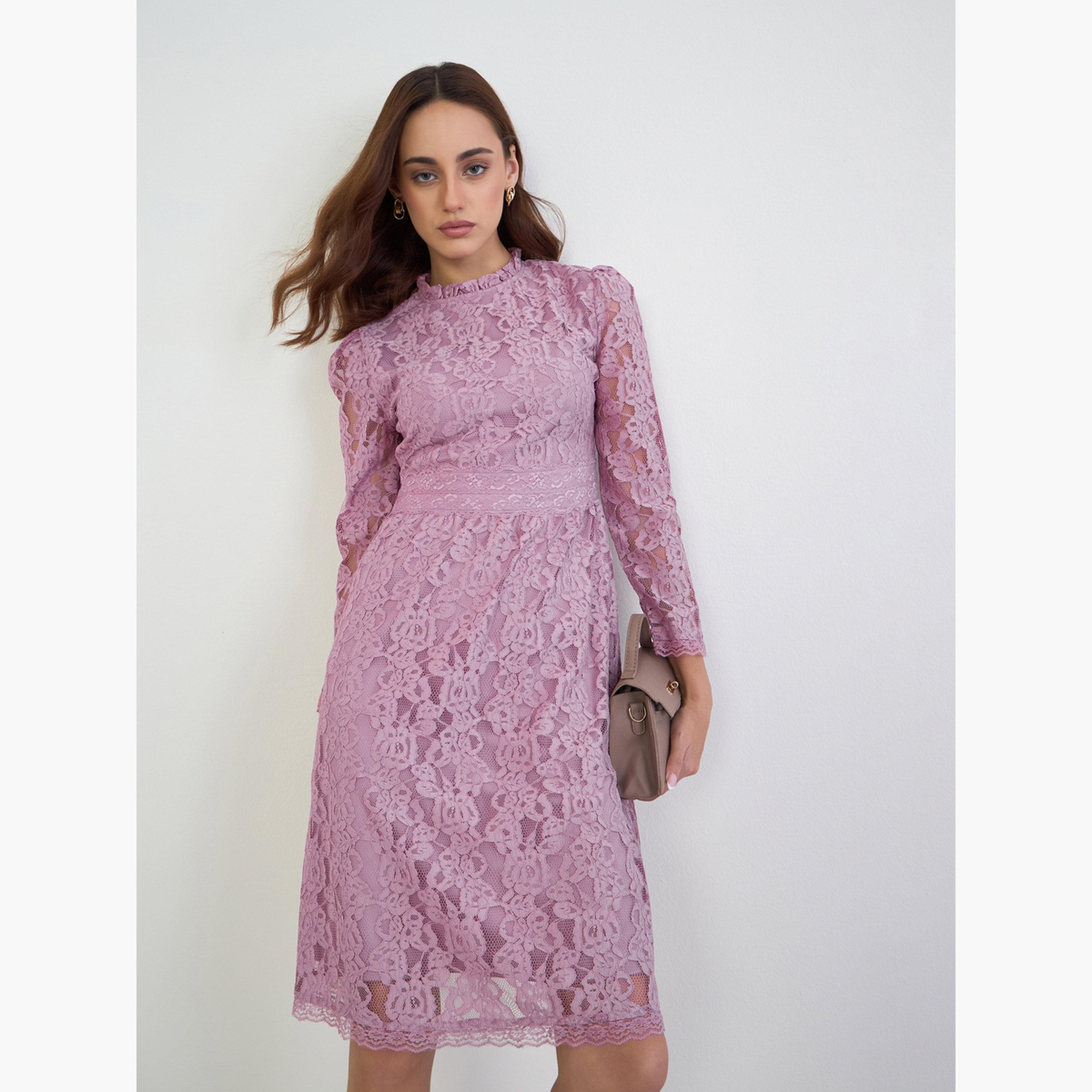 ستايلي - فستان وردي من الدانتيل بطول الركبة للنساء-women-clothing-dresses-image-1