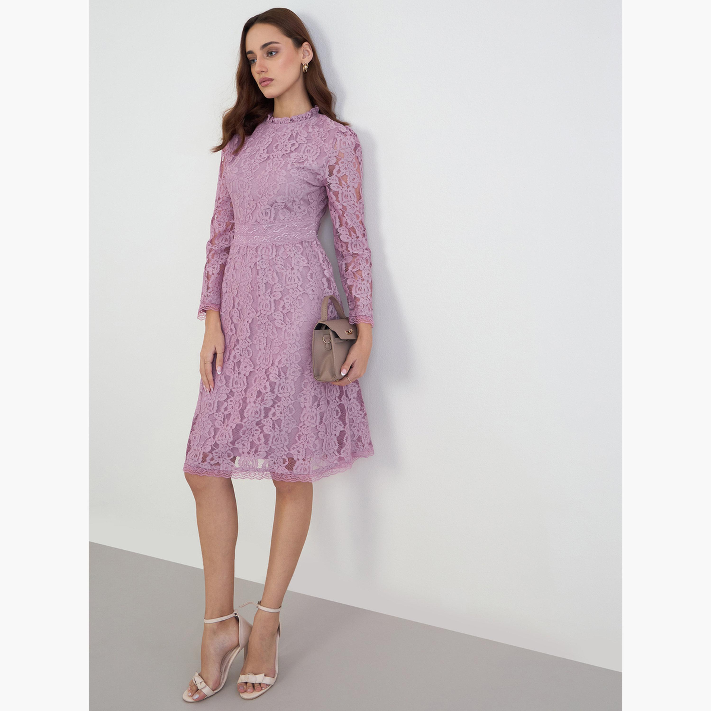 ستايلي - فستان وردي من الدانتيل بطول الركبة للنساء-women-clothing-dresses-image-2