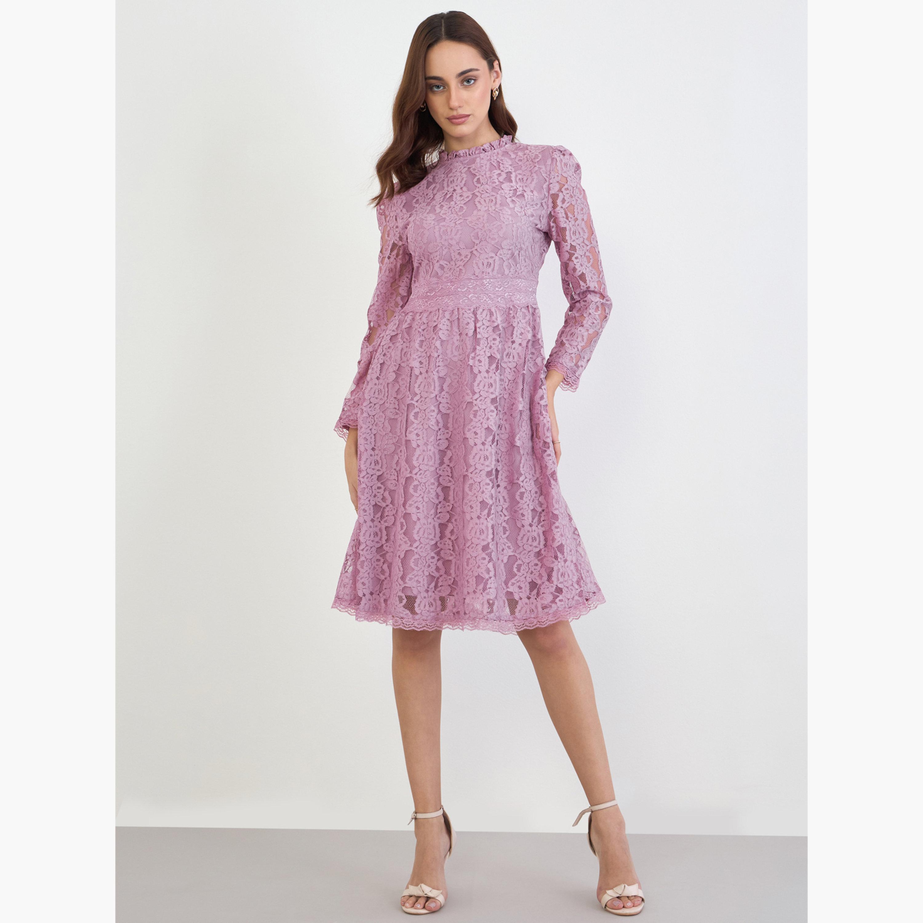 ستايلي - فستان وردي من الدانتيل بطول الركبة للنساء-women-clothing-dresses-image-3