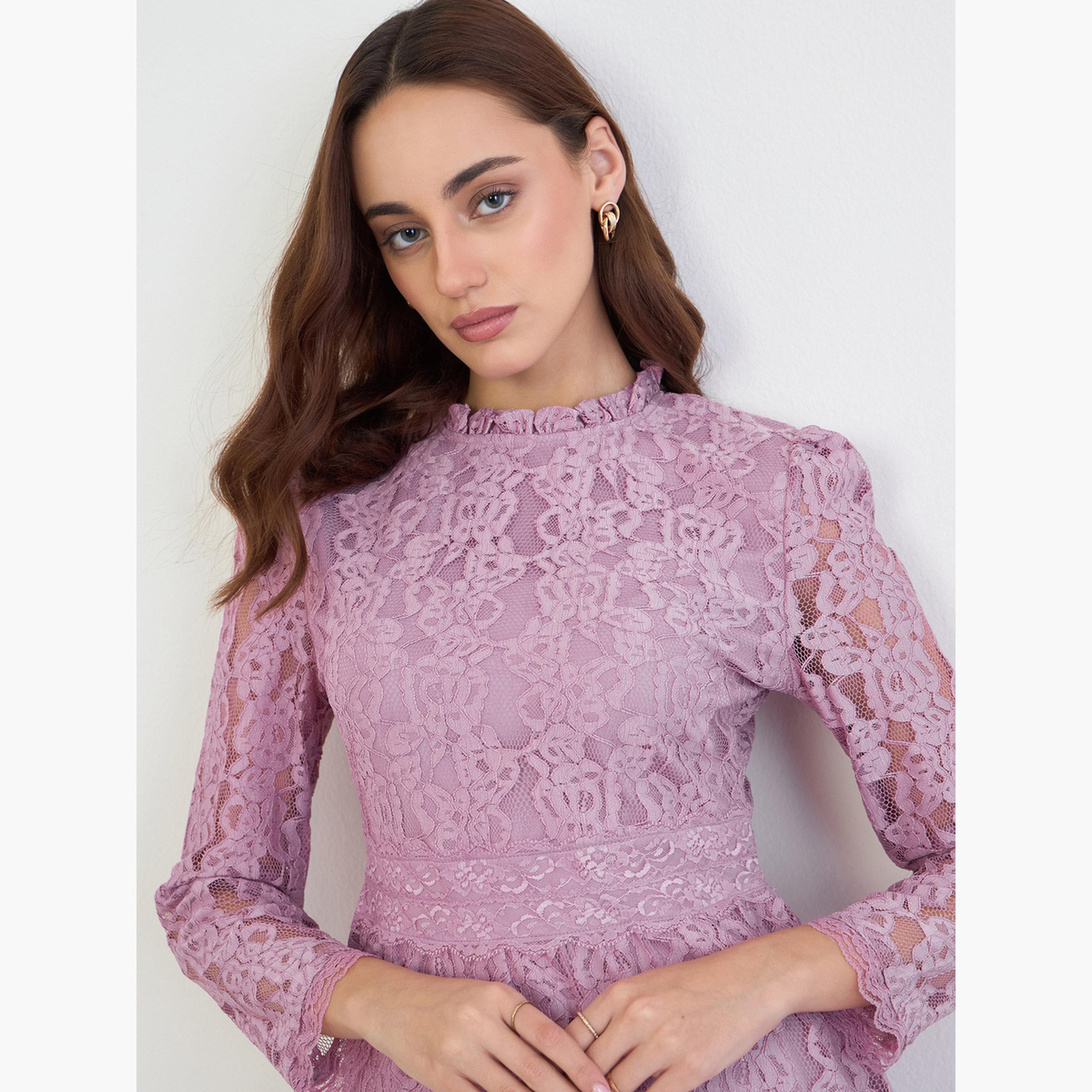 ستايلي - فستان وردي من الدانتيل بطول الركبة للنساء-women-clothing-dresses-image-4
