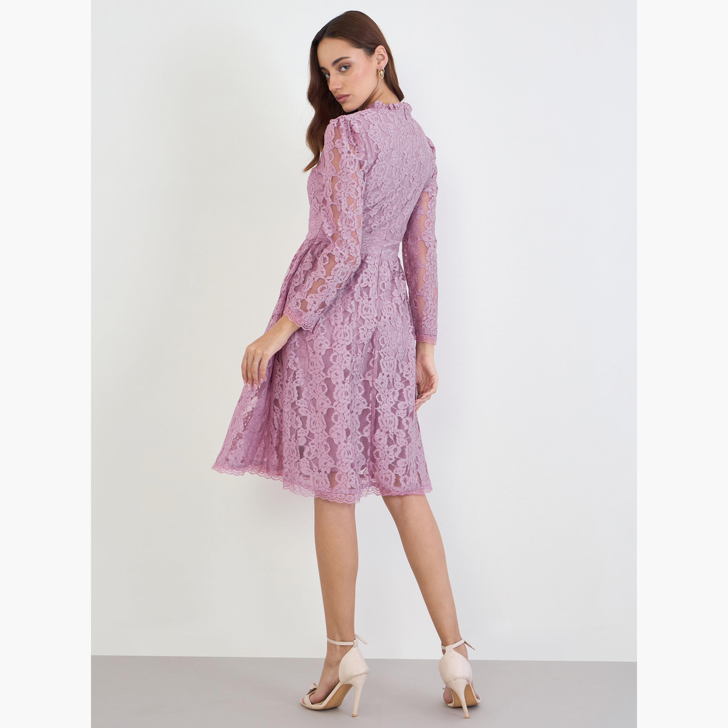 ستايلي - فستان وردي من الدانتيل بطول الركبة للنساء-women-clothing-dresses-image-5