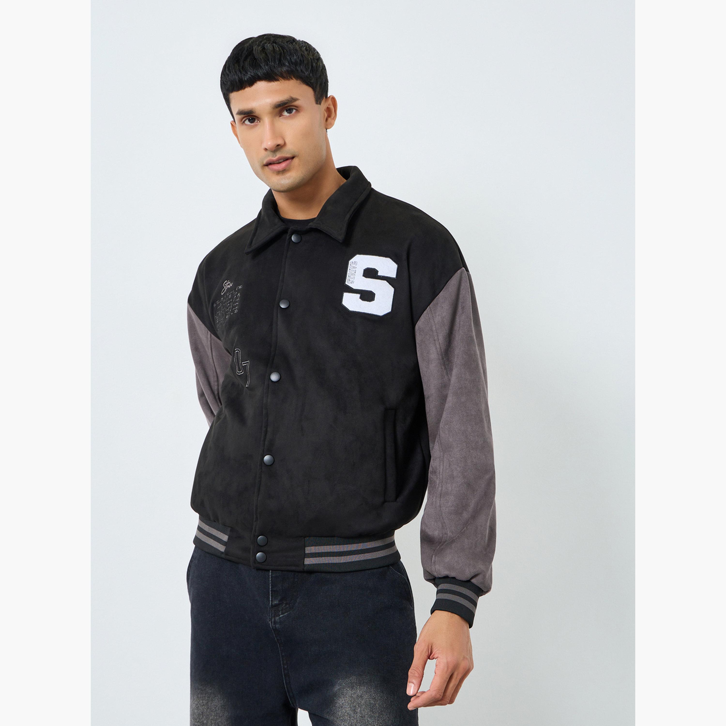 Styli Men Black Relaxed Graphic Varsity Jacket-men-clothing-jacketsandblazers-jackets-image-1