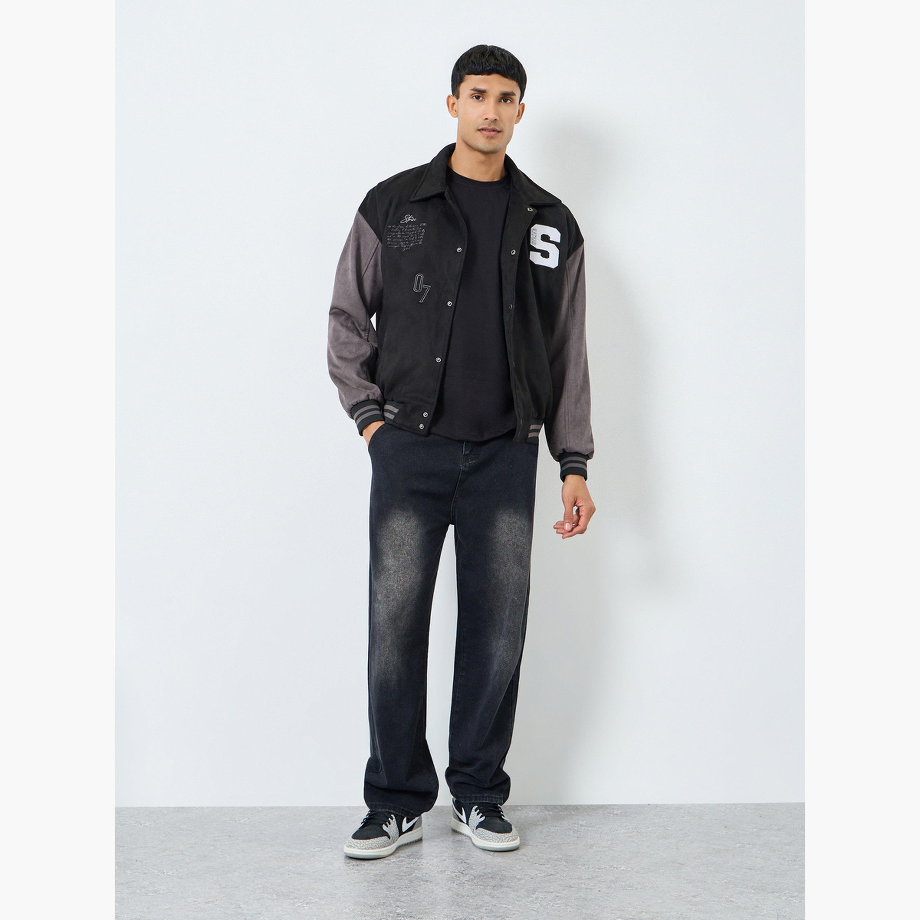 Styli Men Black Relaxed Graphic Varsity Jacket-men-clothing-jacketsandblazers-jackets-image-2