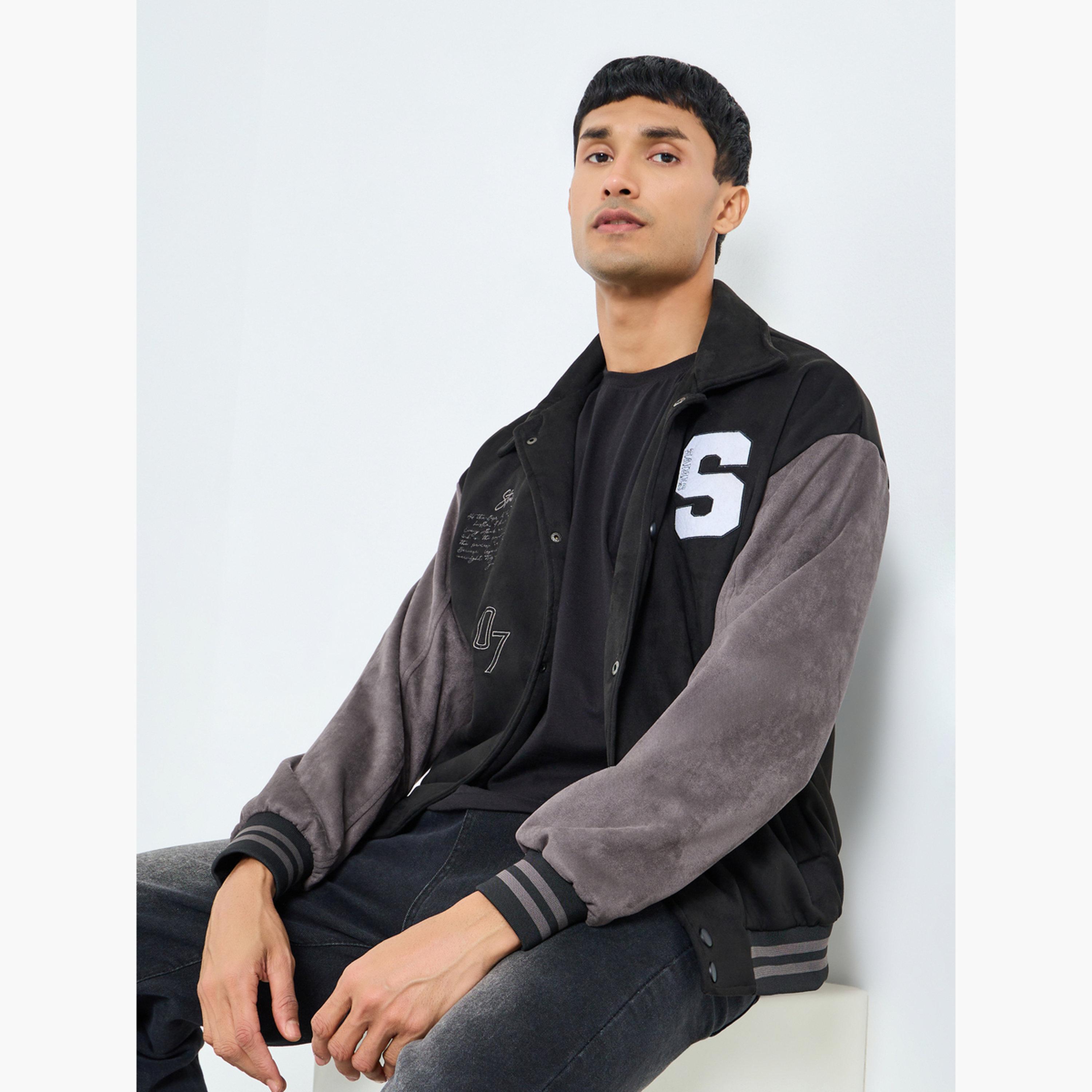 Styli Men Black Relaxed Graphic Varsity Jacket-men-clothing-jacketsandblazers-jackets-image-3
