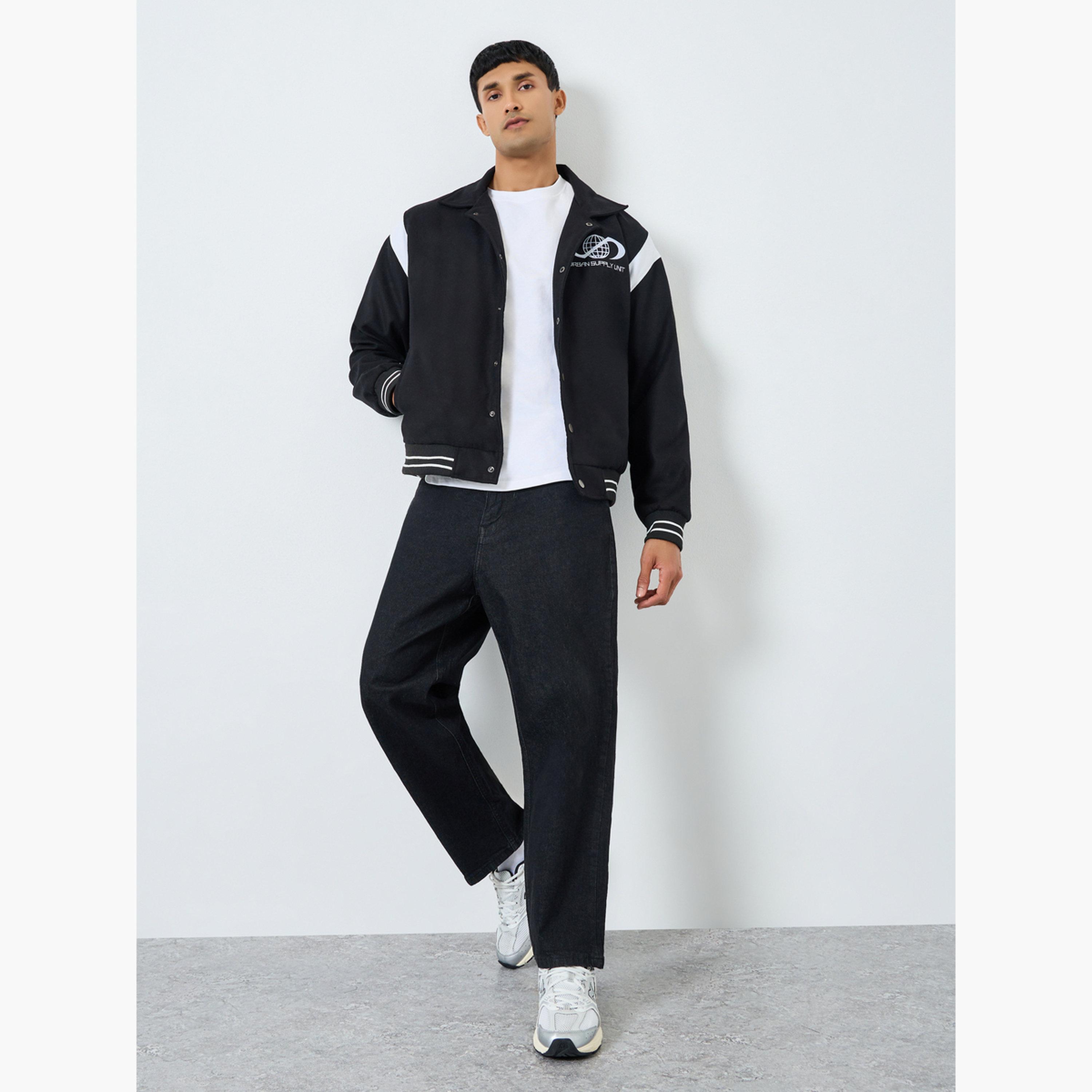 Styli Men Black Relaxed Graphic Varsity Jacket-men-clothing-jacketsandblazers-jackets-image-2