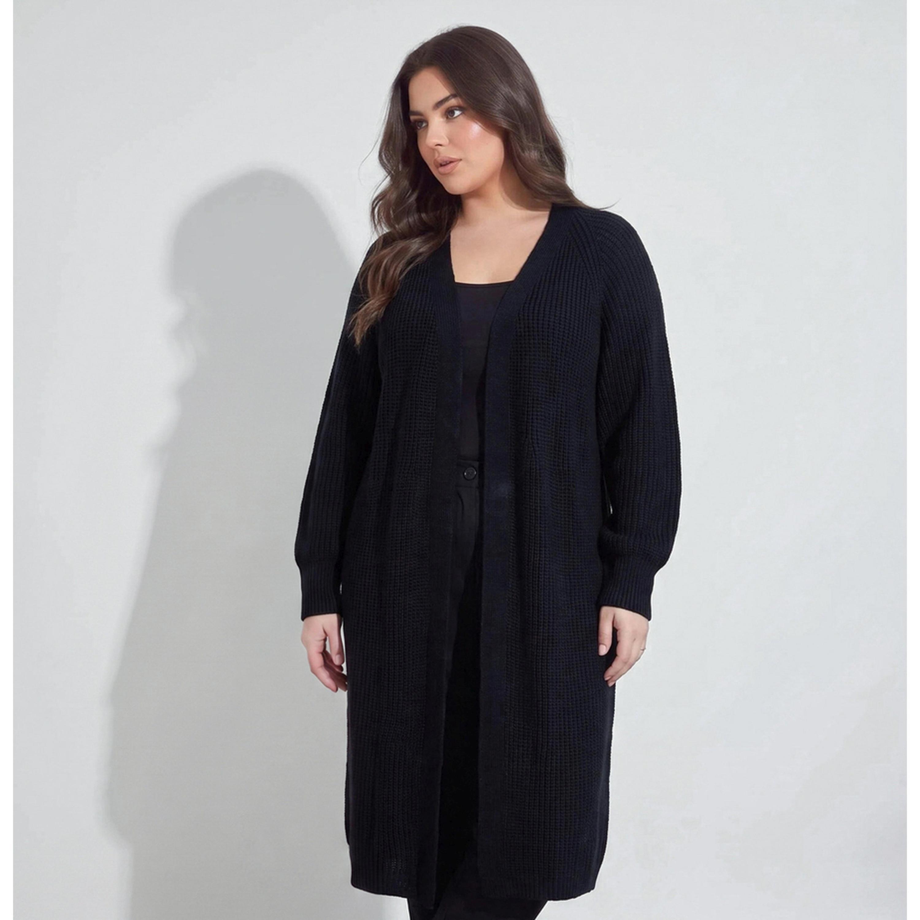 Styli Plus Size Black Open Front Longlined Ribbed Knit Cardigan-women-clothing-plussize-cardigansandjumpers-cardigans-image-1